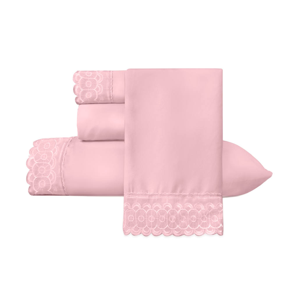 Juego De Sábana Matrimonial Rosa Bordada Suave Al Tacto