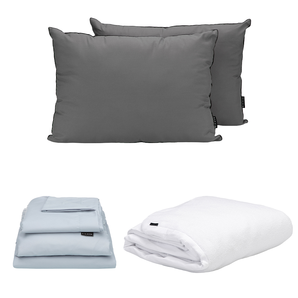 Protector Cloud + Sabanas Softy Platino Azul Claro + Almohada 2-pack Matrimonial
