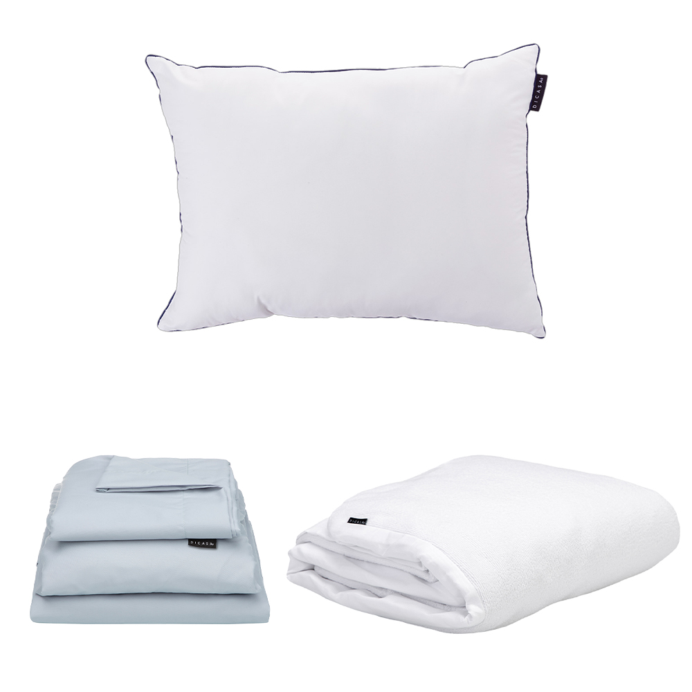 Protector Cloud + Sabanas Softy Platino Azul Claro + Almohada One Individual