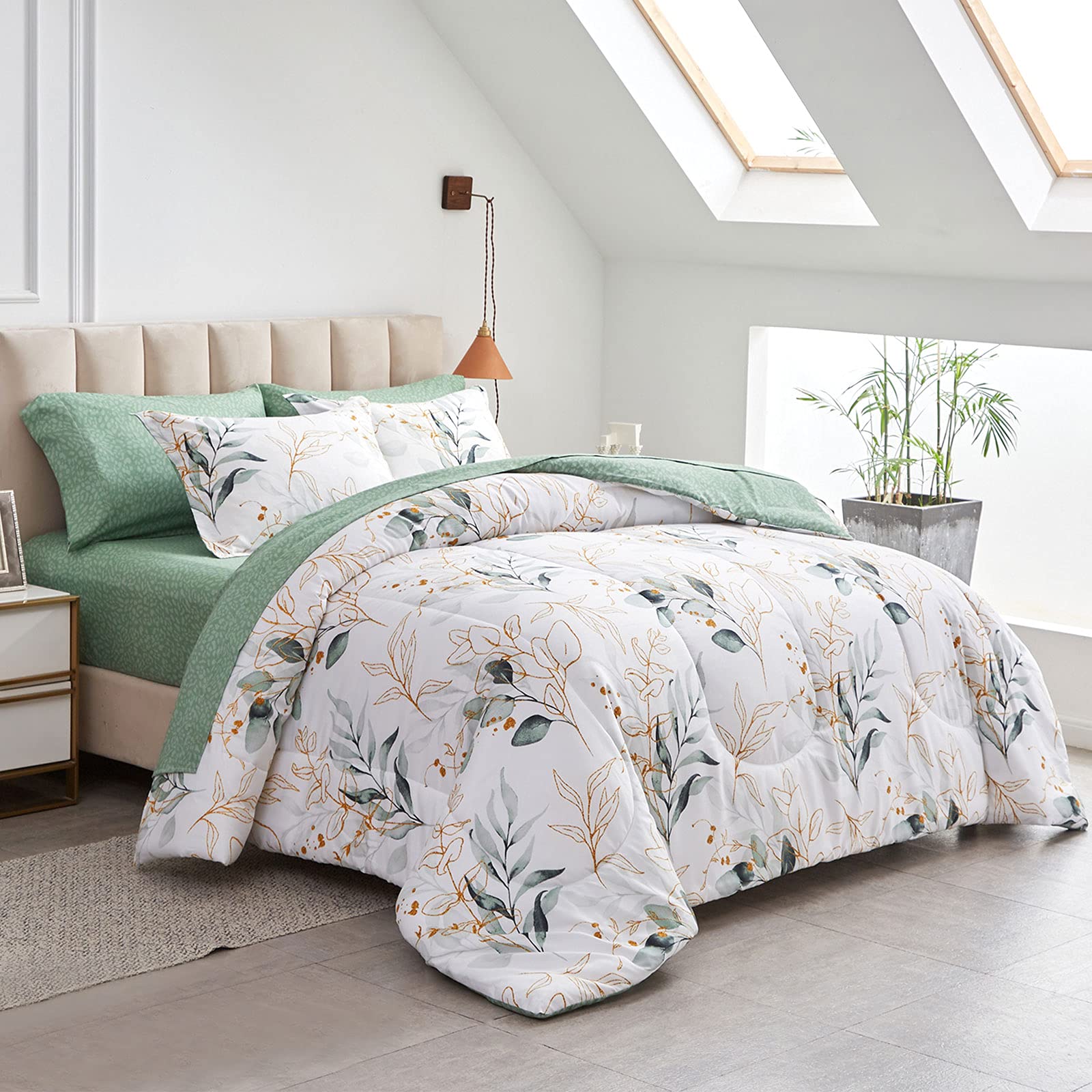 Bed In A Bag Joyreap Twin Green Leaves Sobre Microfibra Blanca - Venta Internacional.