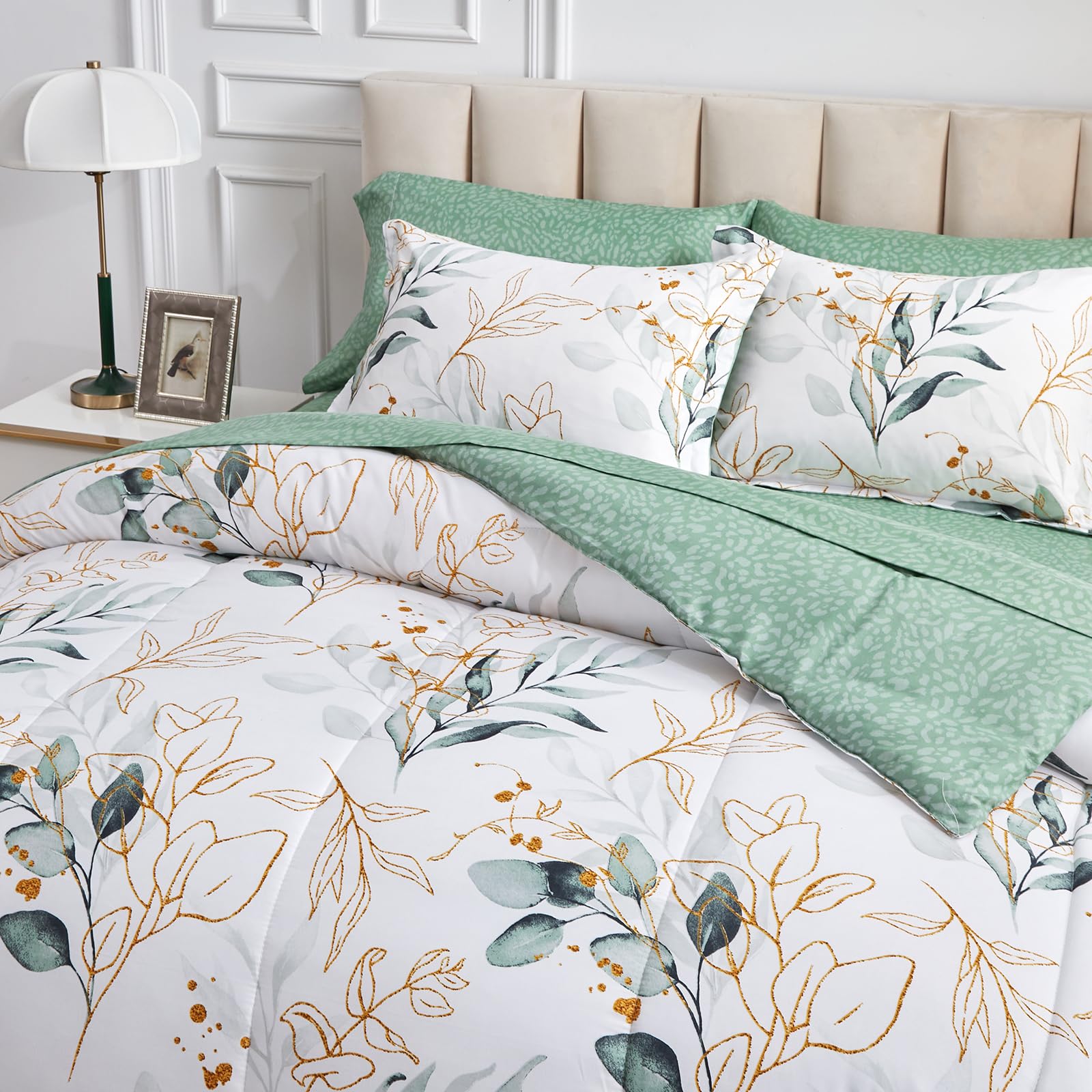 Foto 3 pulgar | Bed In A Bag Joyreap Twin Green Leaves Sobre Microfibra Blanca - Venta Internacional.