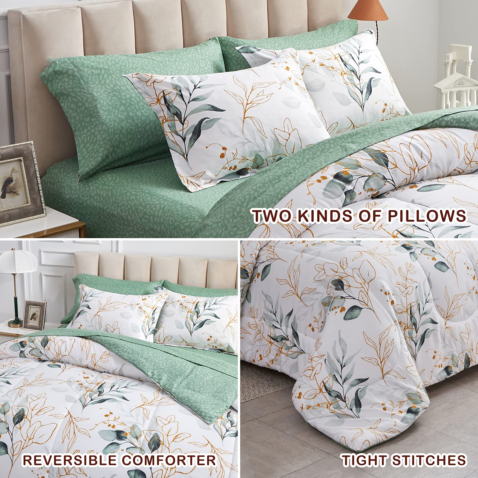 Foto 4 pulgar | Bed In A Bag Joyreap Twin Green Leaves Sobre Microfibra Blanca - Venta Internacional.