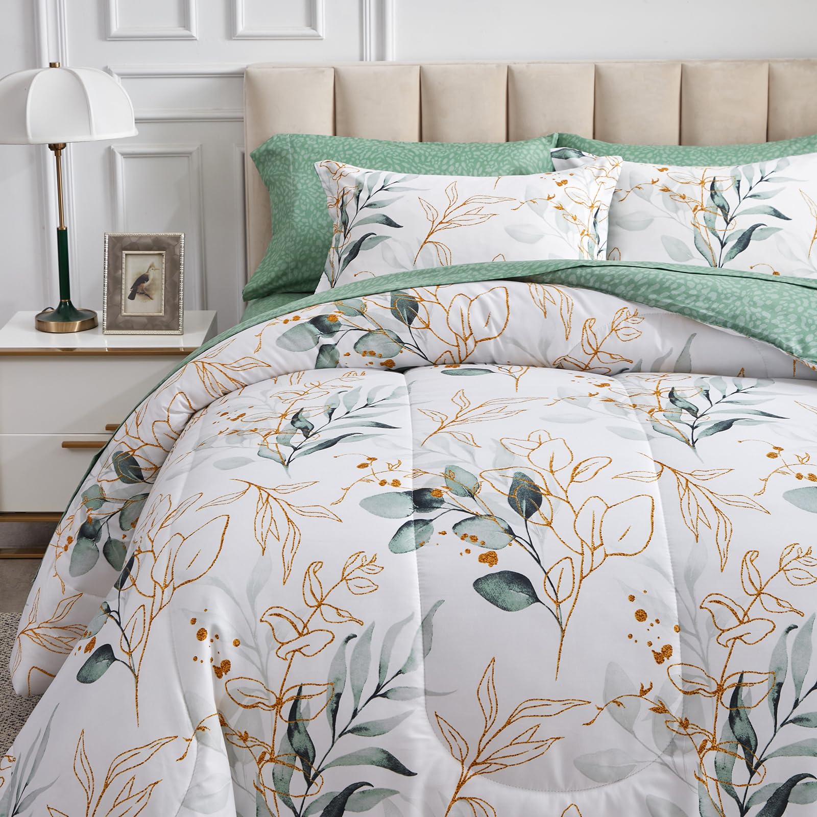 Foto 4 | Bed In A Bag Joyreap Twin Green Leaves Sobre Microfibra Blanca - Venta Internacional.