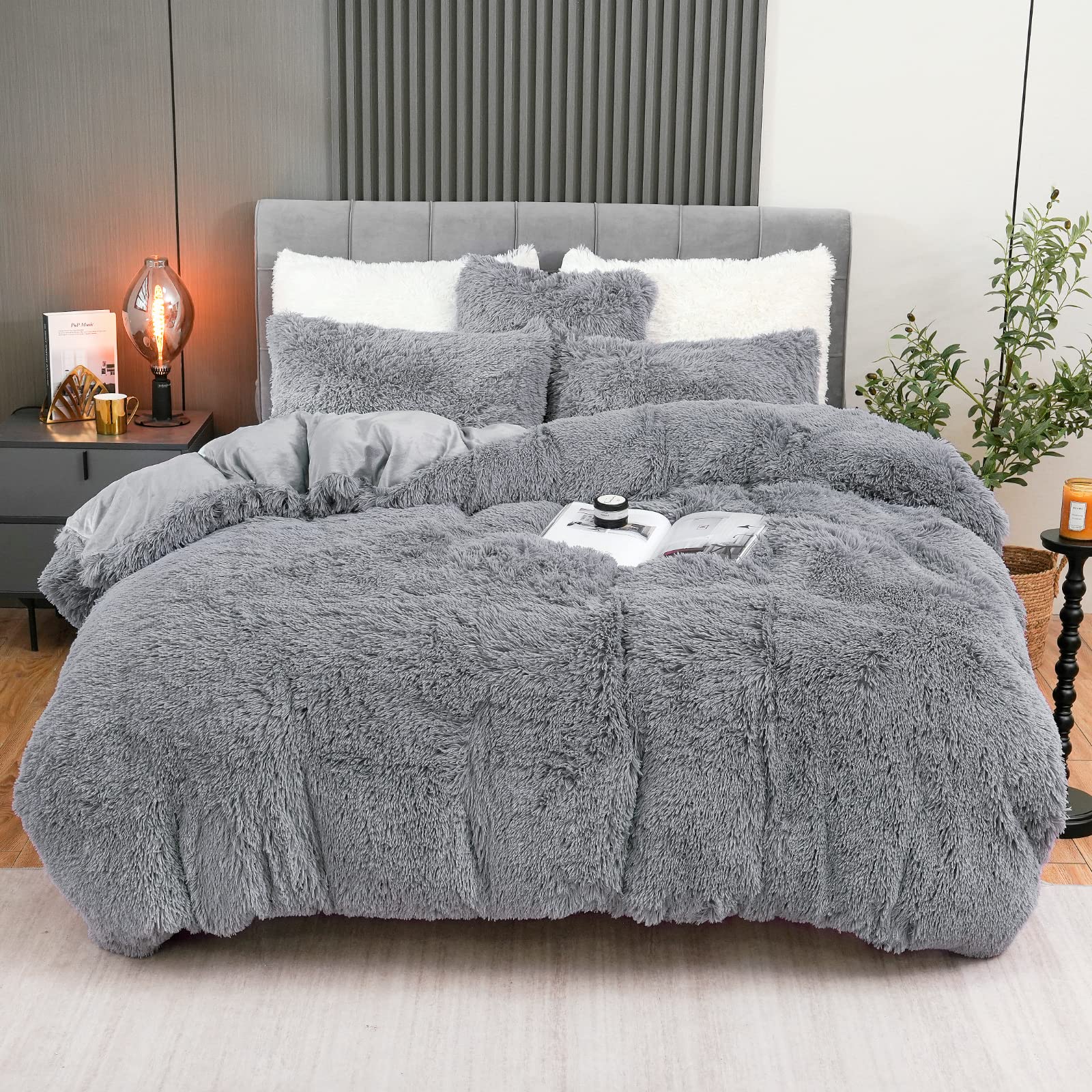 Foto 1 | Juego De Funda De Edredón Bleum Cade Fluffy Plush King Size, Gris Claro - Venta Internacional.