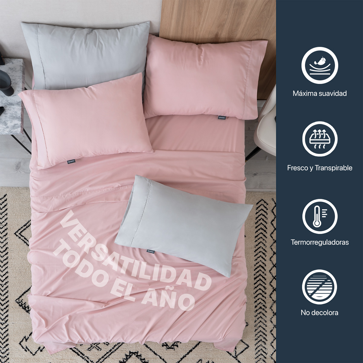 Foto 7 pulgar | Juego De Sábanas De Microfibra Esquimal Palo De Rosa-gris Matrimonial + 4 Fundas De Almohada