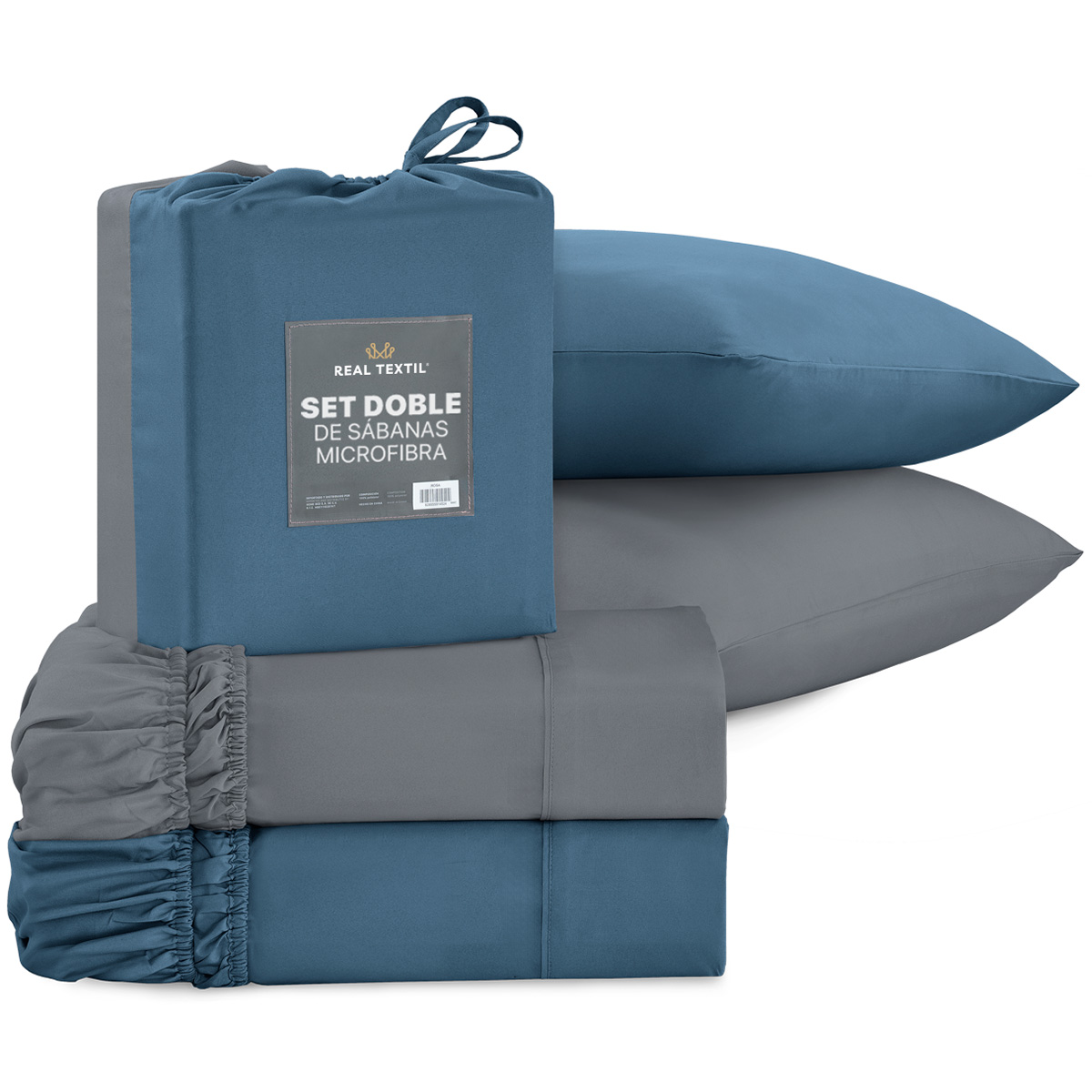 Paquete de 2 Juegos de Sábanas de Microfibra Real Textil Azul Marino-Gris Oscuro Individual