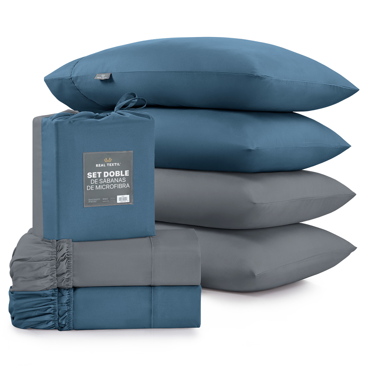 Paquete De 2 Juegos De Sábanas De Microfibra Real Textil Azul Marino-gris Oscuro Matrimonial