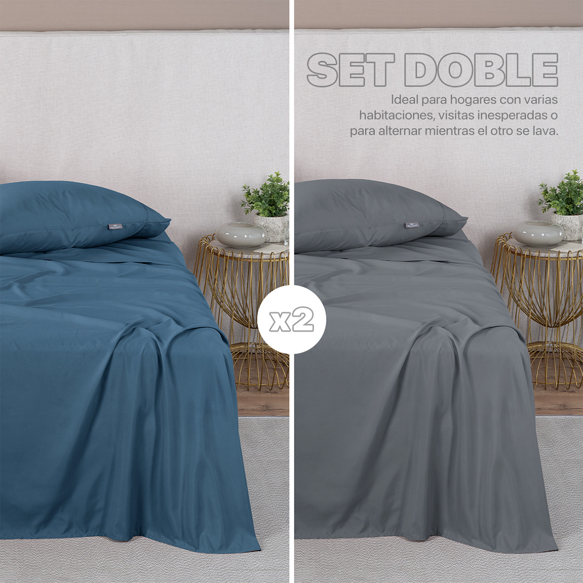 Foto 2 | Paquete De 2 Juegos De Sábanas De Microfibra Real Textil Azul Marino-gris Oscuro Matrimonial