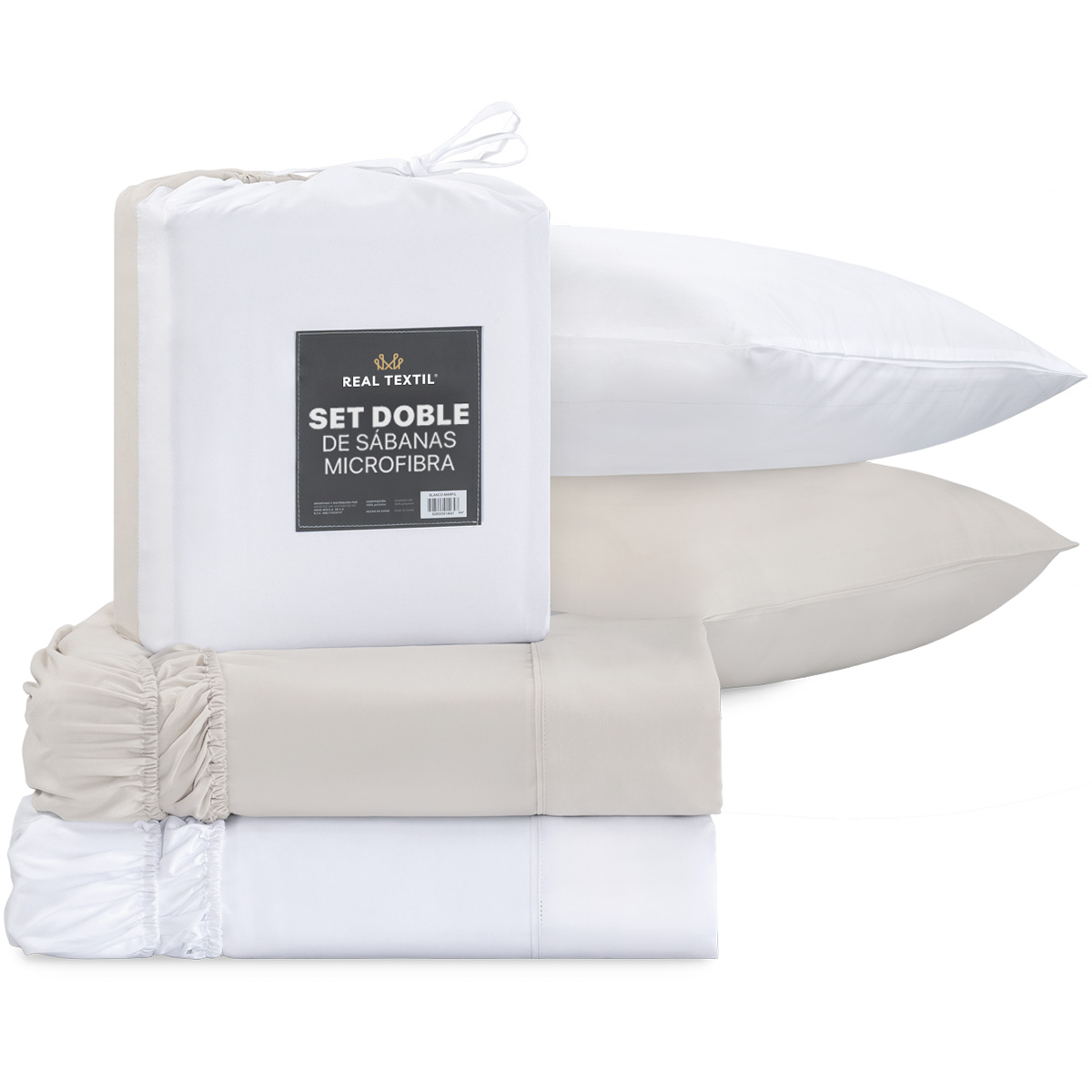 Paquete de 2 Juegos de Sábanas de Microfibra Real Textil Blanco-Beige Individual