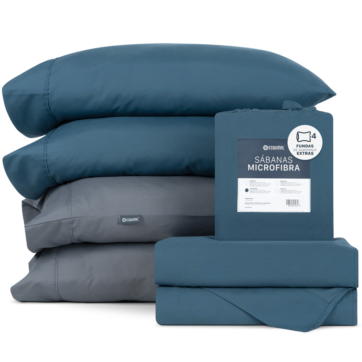 Foto 1 | Juego De Sábanas De Microfibra Esquimal Azul Marino-gris  King Size + 4 Fundas De Almohada
