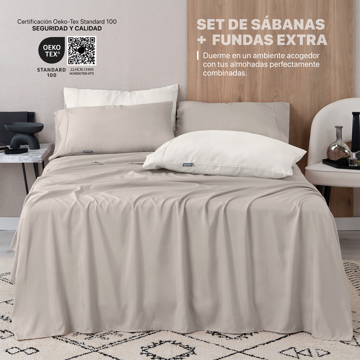 Foto 2 | Juego De Sábanas De Microfibra Esquimal Khaki-marfil  King Size + 4 Fundas De Almohada