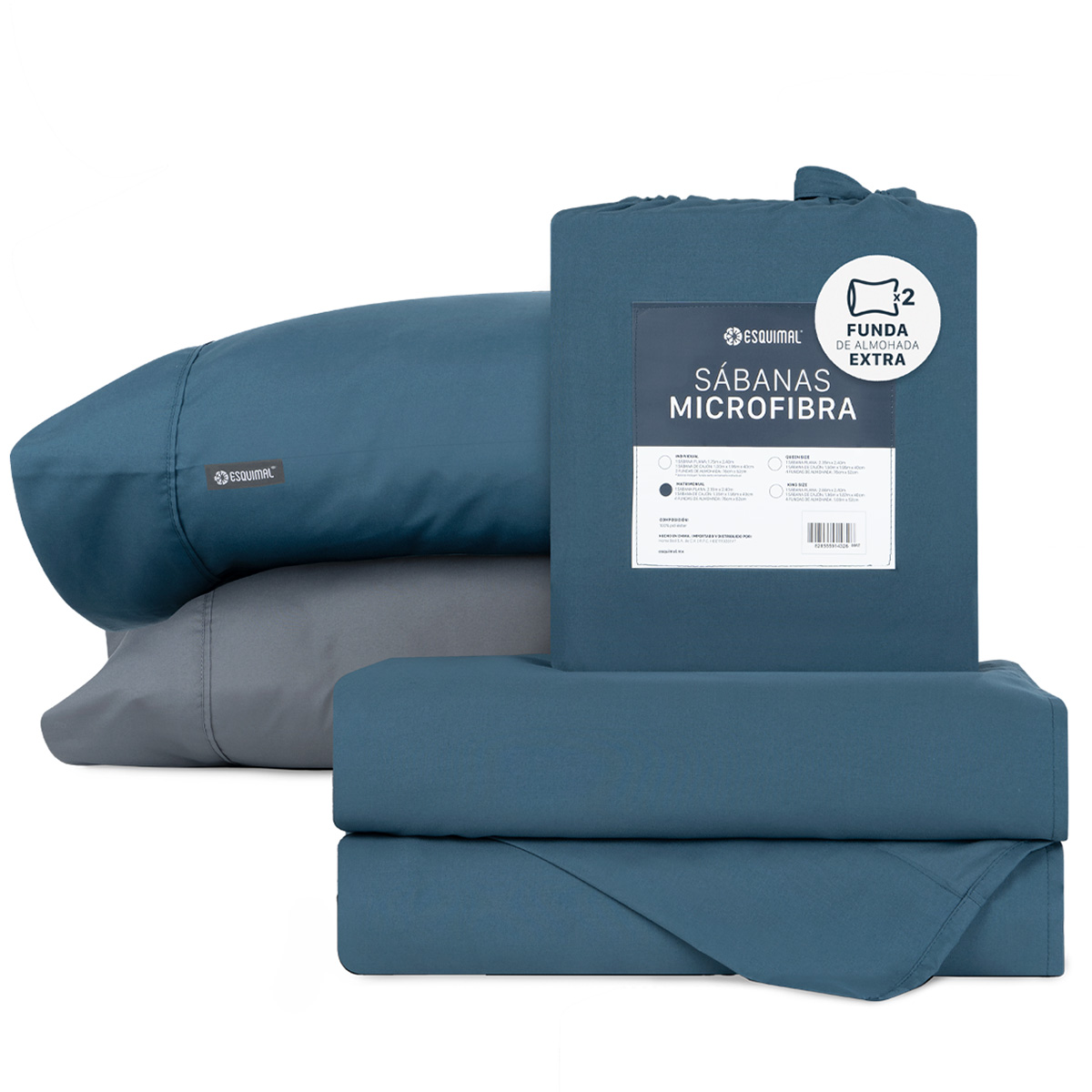 Juego De Sábanas De Microfibra Esquimal Azul Marino-gris Individual + 2 Fundas De Almohada