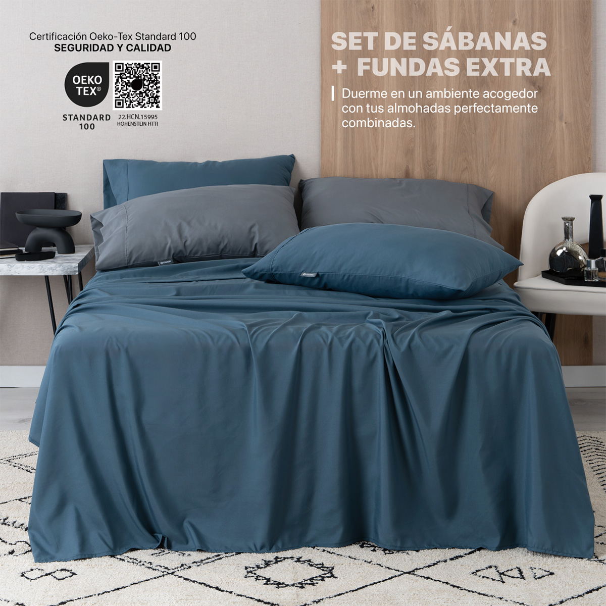 Foto 2 | Juego De Sábanas De Microfibra Esquimal Azul Marino-gris Individual + 2 Fundas De Almohada