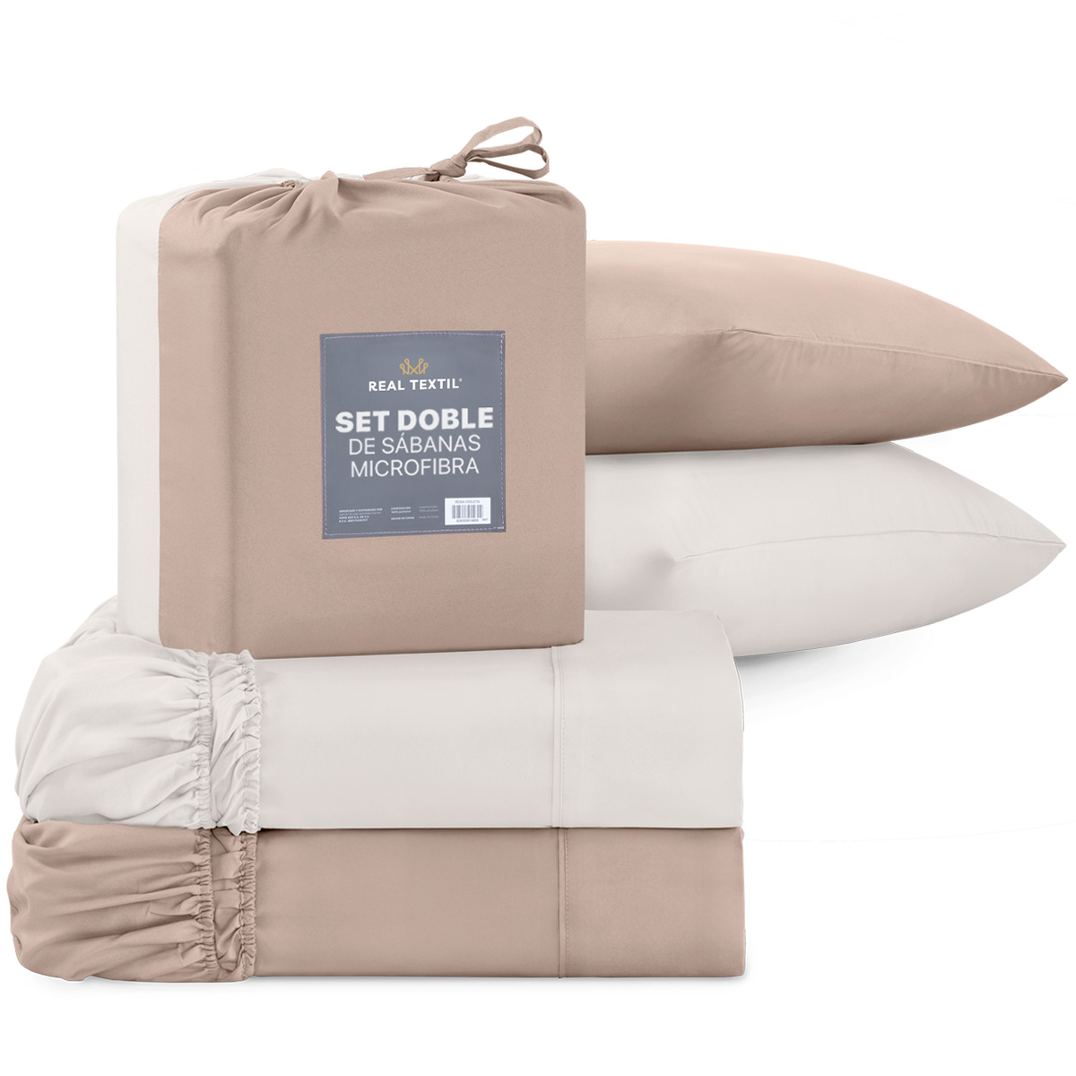 Paquete de 2 Juegos de Sábanas de Microfibra Real Textil Taupe-Marfil Individual