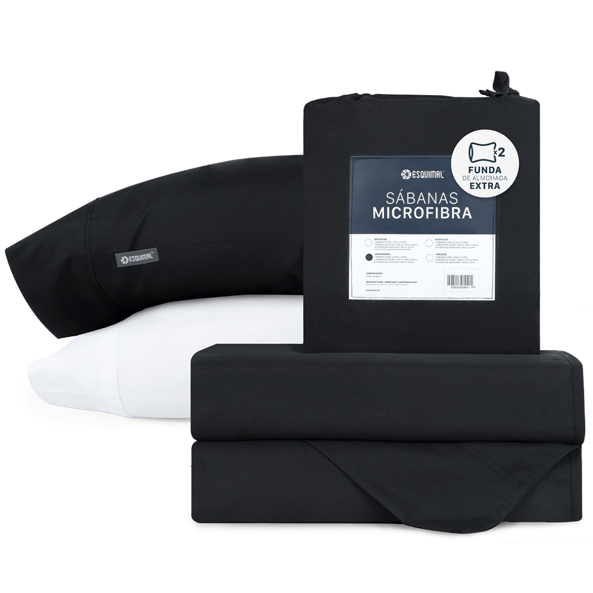 Juego De Sábanas De Microfibra Esquimal Negro-blanco Individual + 2 Fundas De Almohada