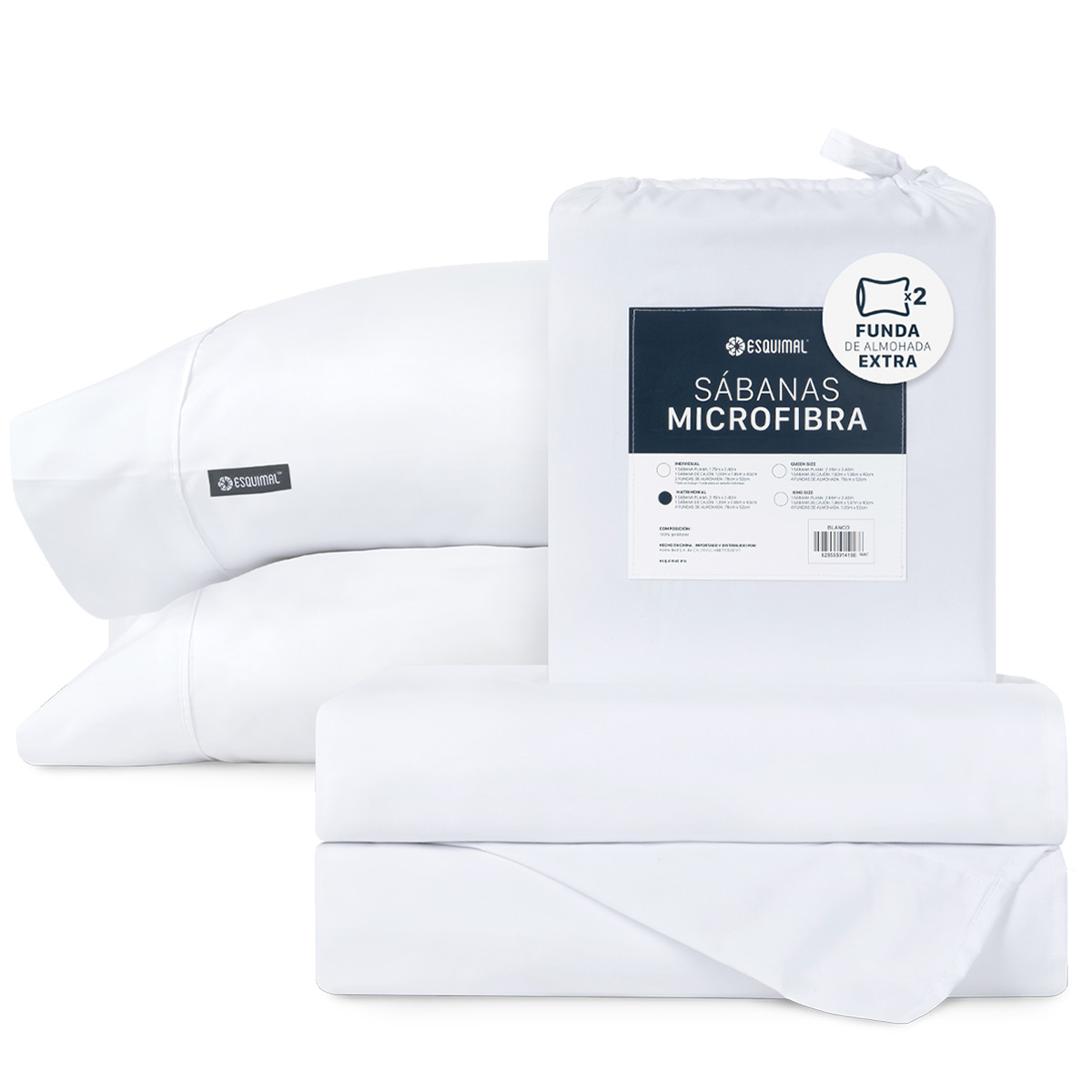 Juego De Sábanas De Microfibra Esquimal Blanco Individual + 2 Fundas De Almohada