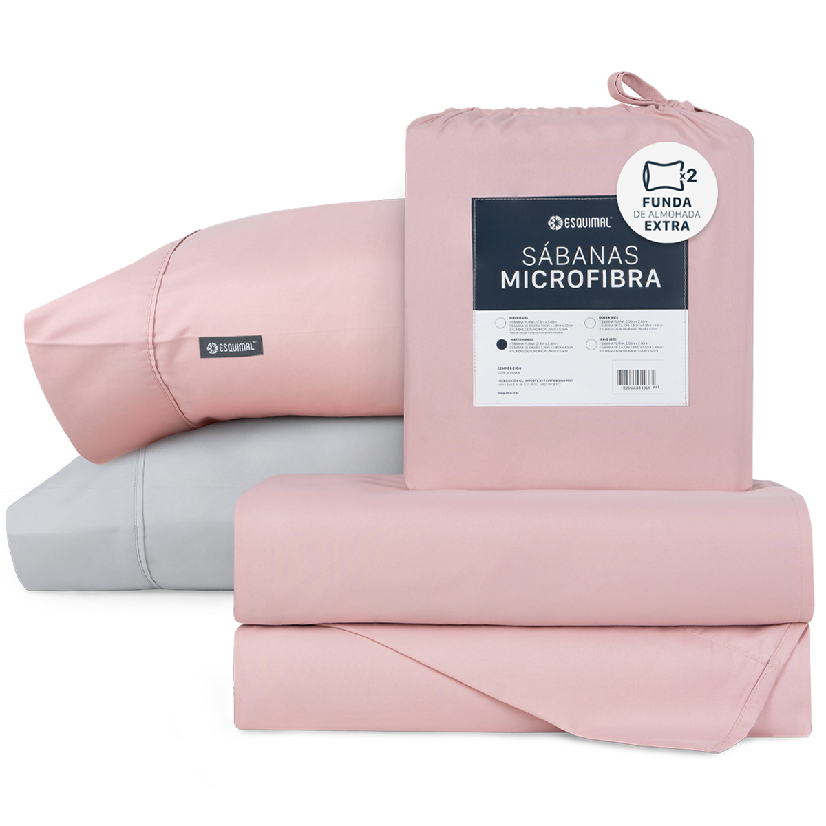 Juego De Sábanas De Microfibra Esquimal Palo De Rosa-gris Individual + 2 Fundas De Almohada