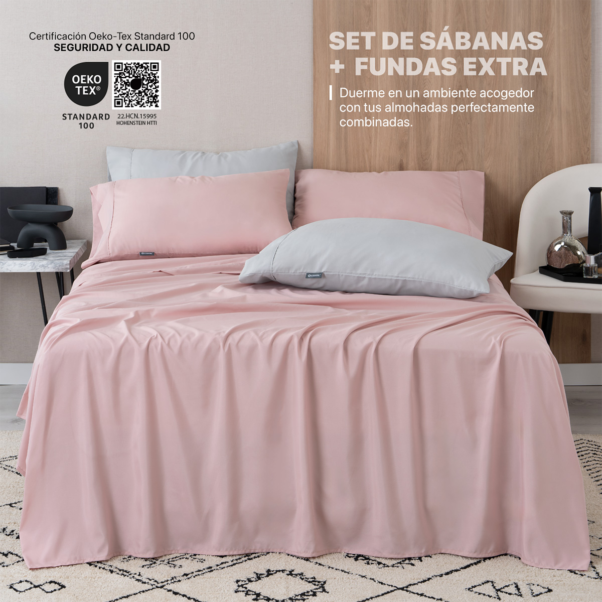 Foto 2 | Juego De Sábanas De Microfibra Esquimal Palo De Rosa-gris Individual + 2 Fundas De Almohada