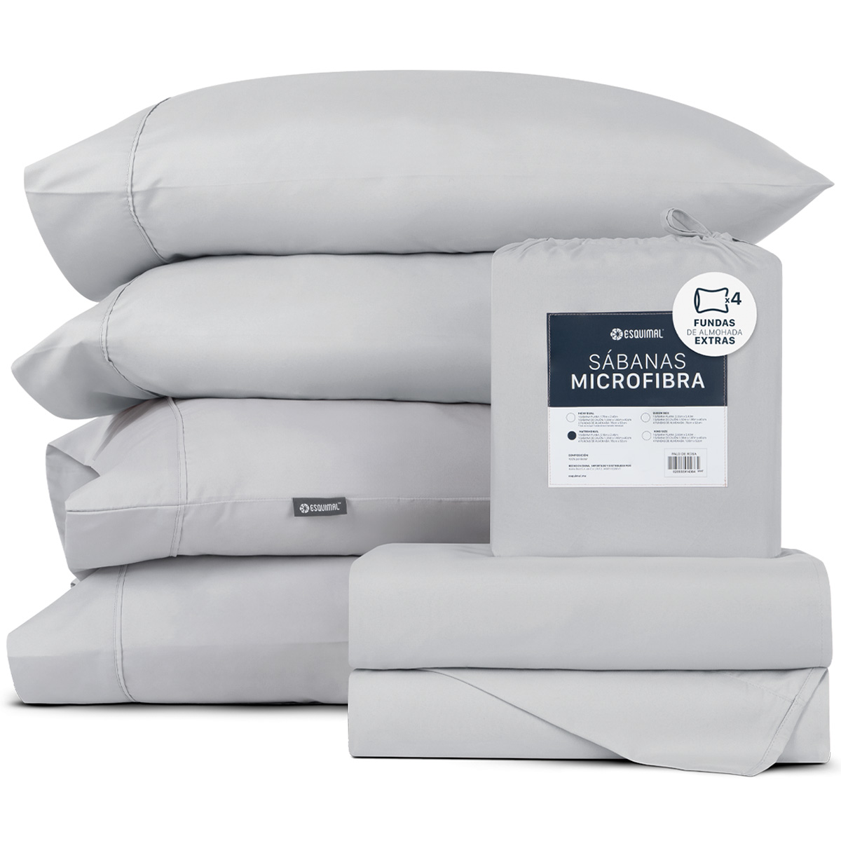 Juego De Sábanas De Microfibra Esquimal Gris Claro Queen Size + 4 Fundas De Almohada