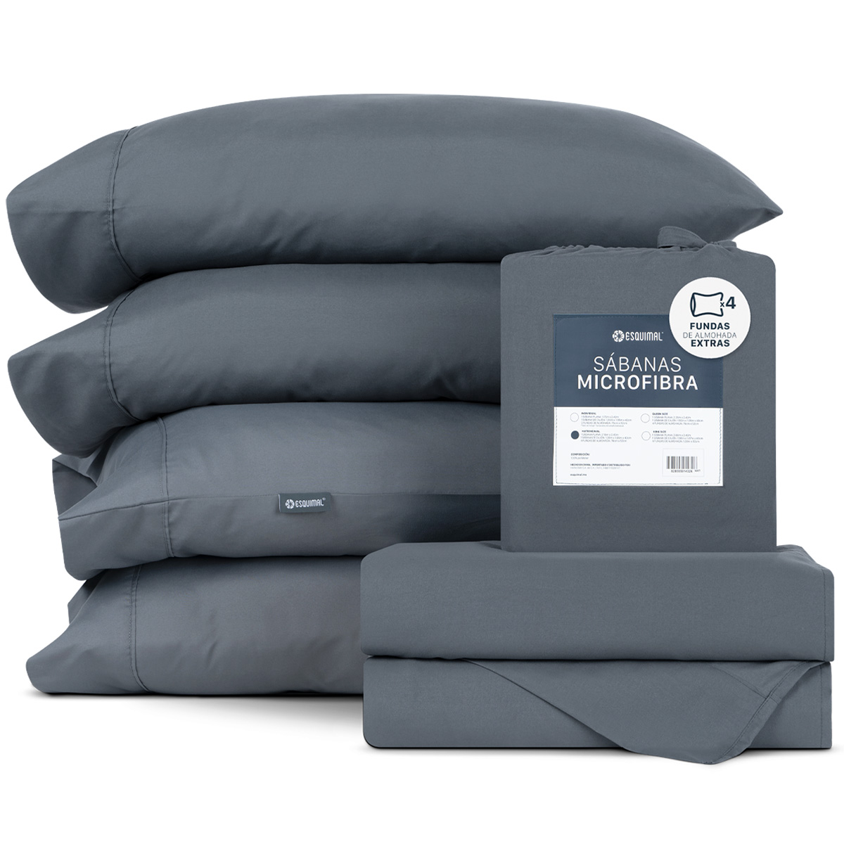 Juego De Sábanas De Microfibra Esquimal Gris Oscuro King Size + 4 Fundas De Almohada
