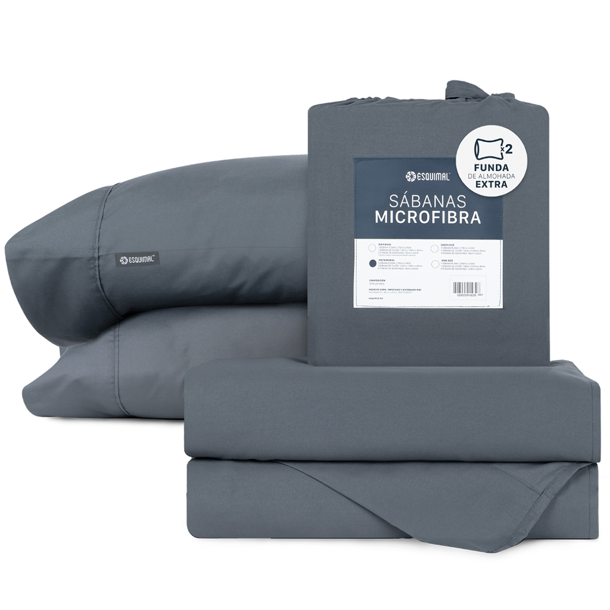 Juego De Sábanas De Microfibra Esquimal Gris Oscuro Individual + 2 Fundas De Almohada