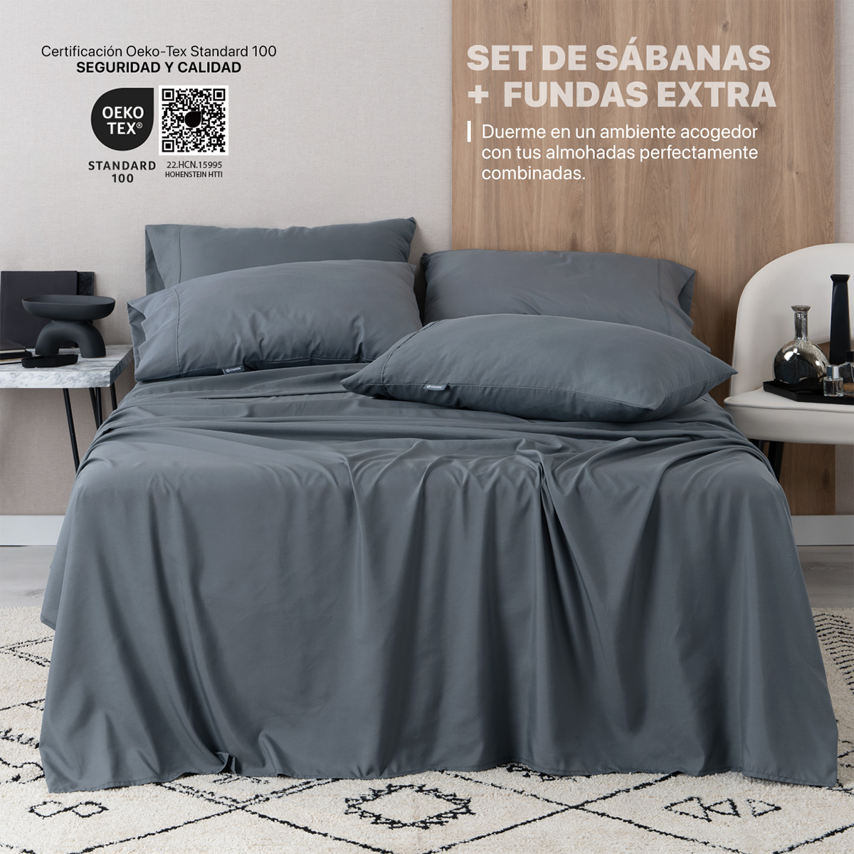 Foto 2 | Juego De Sábanas De Microfibra Esquimal Gris Oscuro Individual + 2 Fundas De Almohada