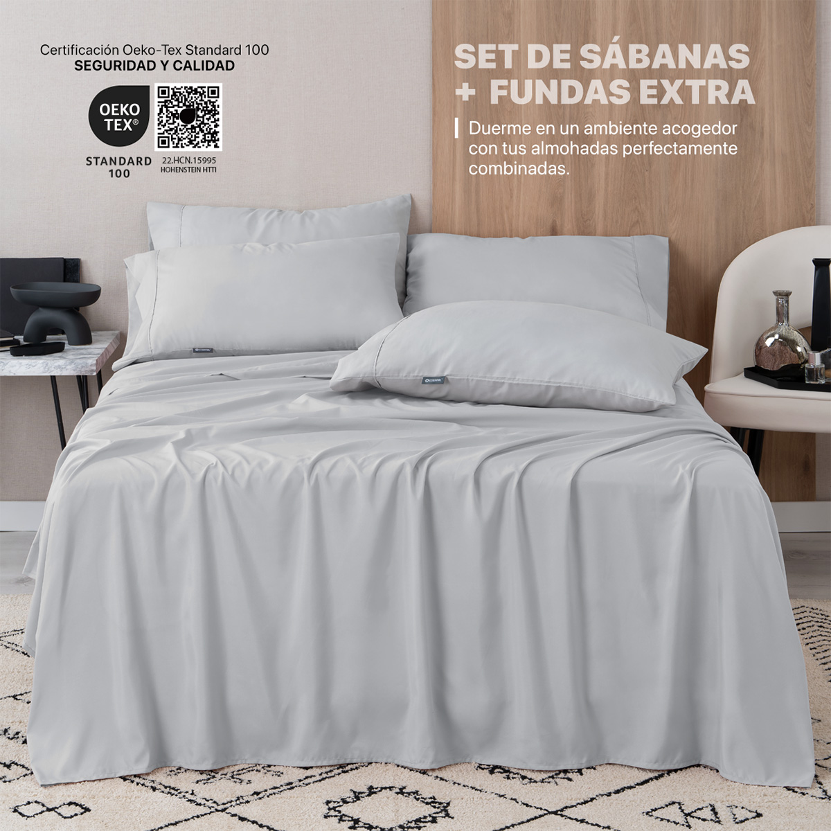 Foto 3 pulgar | Juego De Sábanas De Microfibra Esquimal Gris Claro Matrimonial + 4 Fundas De Almohada