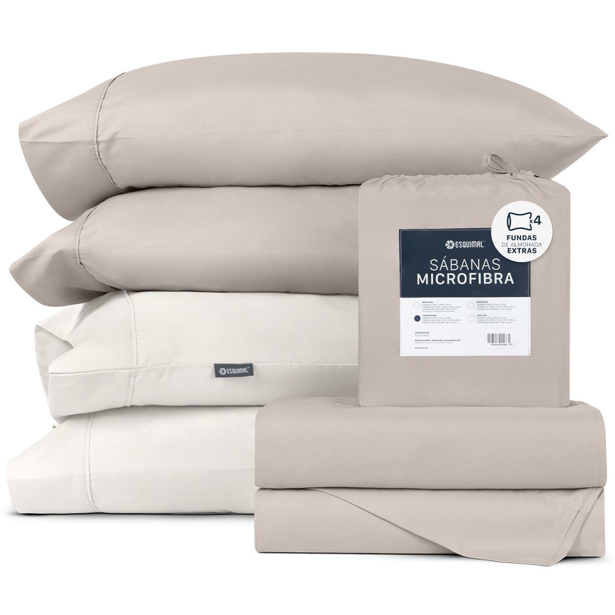 Juego De Sábanas De Microfibra Esquimal Khaki-marfil Queen Size + 4 Fundas De Almohada