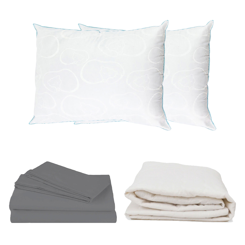 Protector Ultra + Sábanas Basic Gris + Almohada Osos 2 Queen Size Dicasa