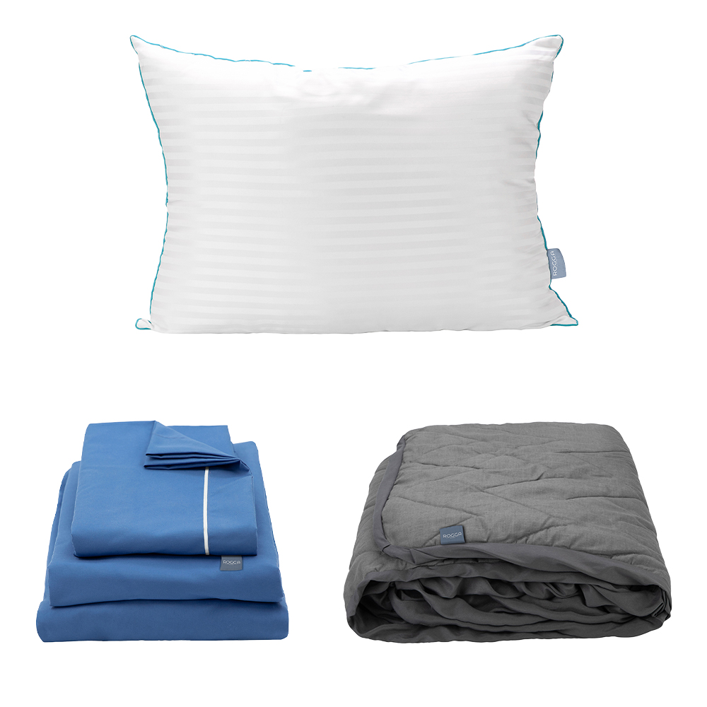 Sabanas Royal Azul Medio + Protector Lux Gris + Almohada Royal Individual