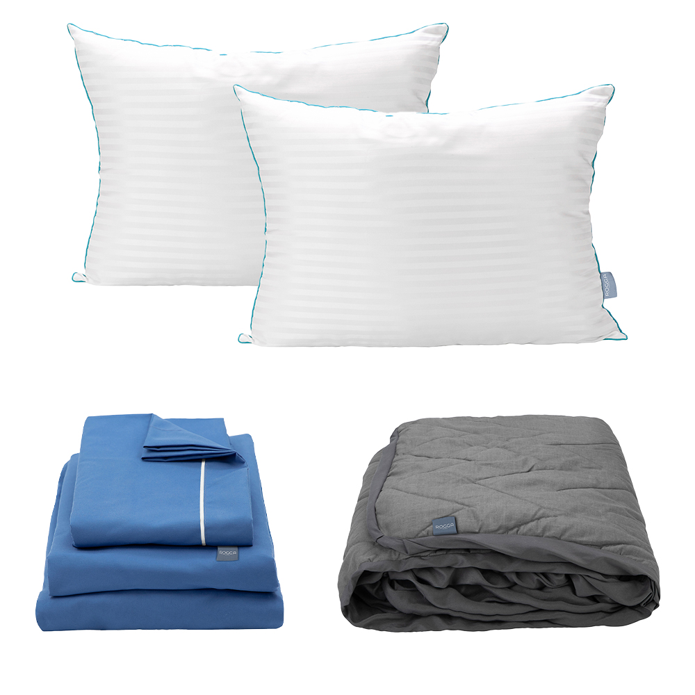 Sabanas Royal Azul Medio + Protector Lux Gris + Almohada Royal Twin King Size