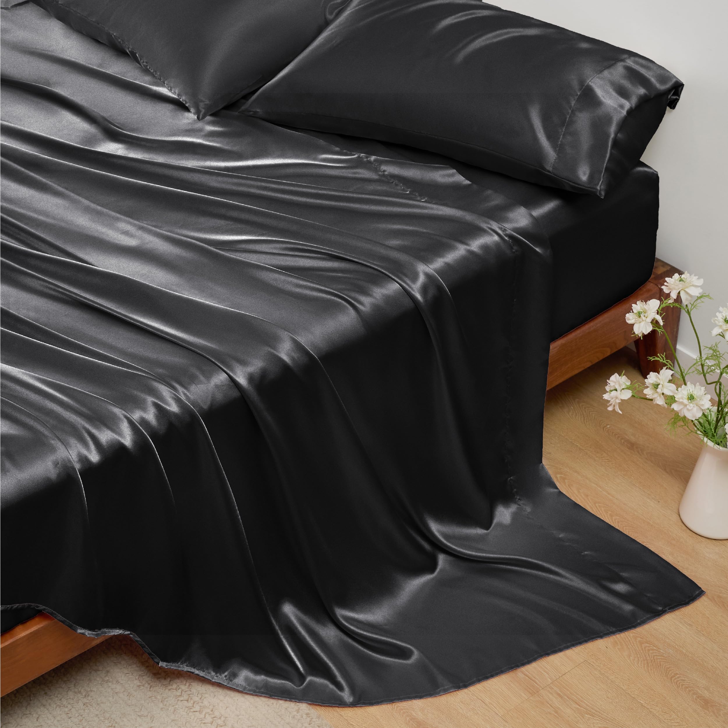 Foto 7 | Juego De Sábanas De Satén, Tamaño Queen, 4 Piezas, Negro - Venta Internacional.