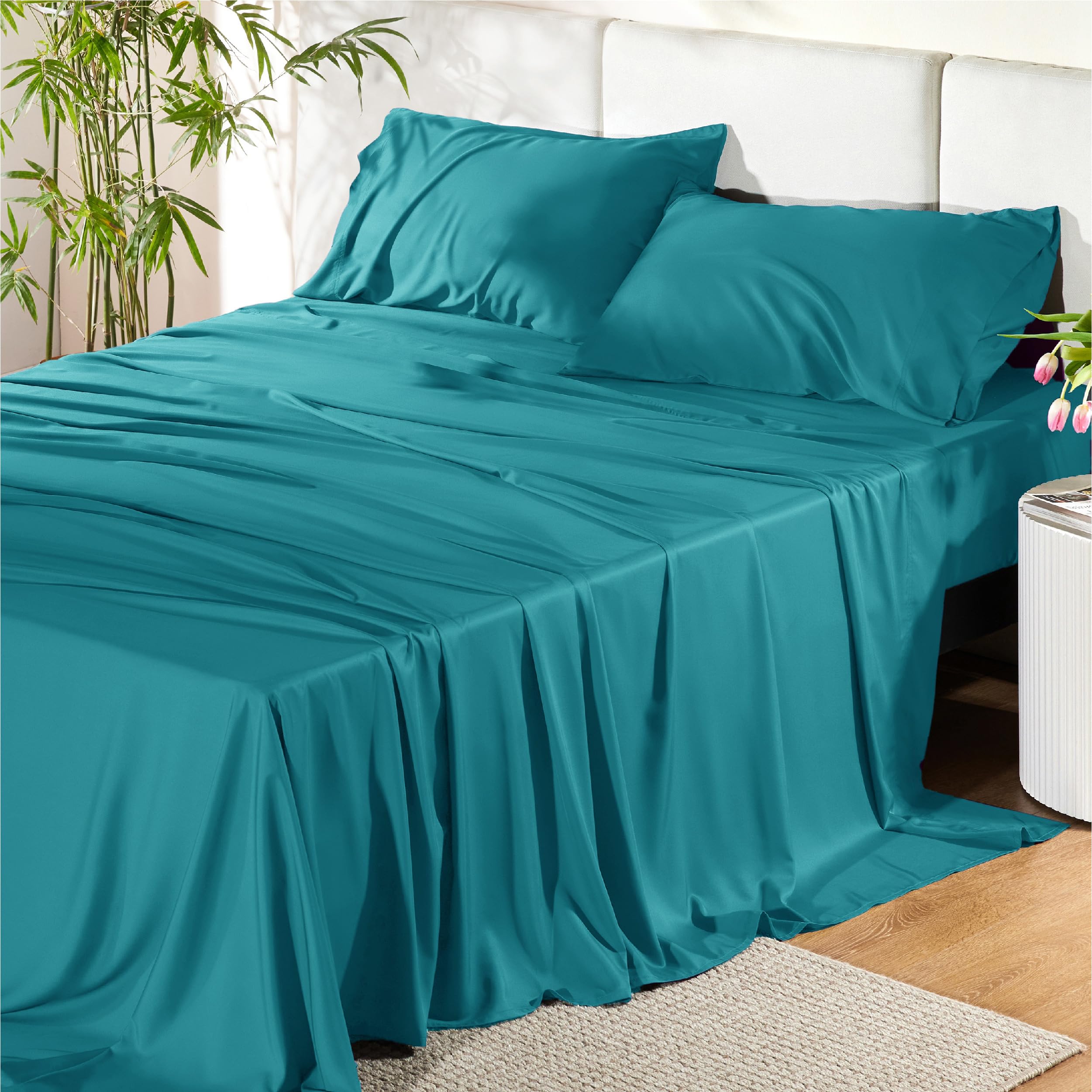 Juego De Sábanas Bedsure Tamaño Queen, Rayón, Bambú, Color Turquesa - Venta Internacional.