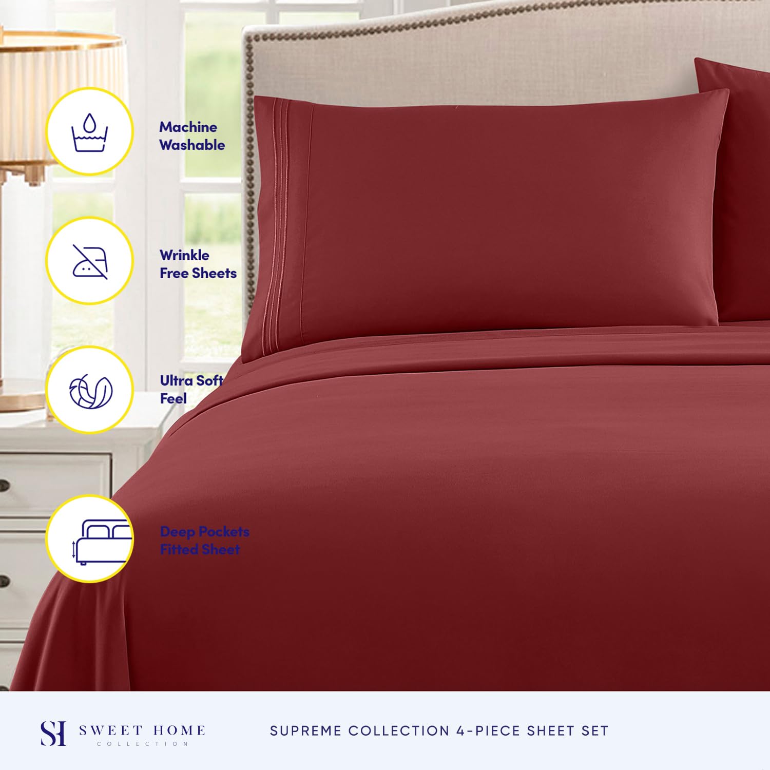 Foto 2 | Sábanas Sweet Home Collection Supreme Queen Burgundy - Venta Internacional.