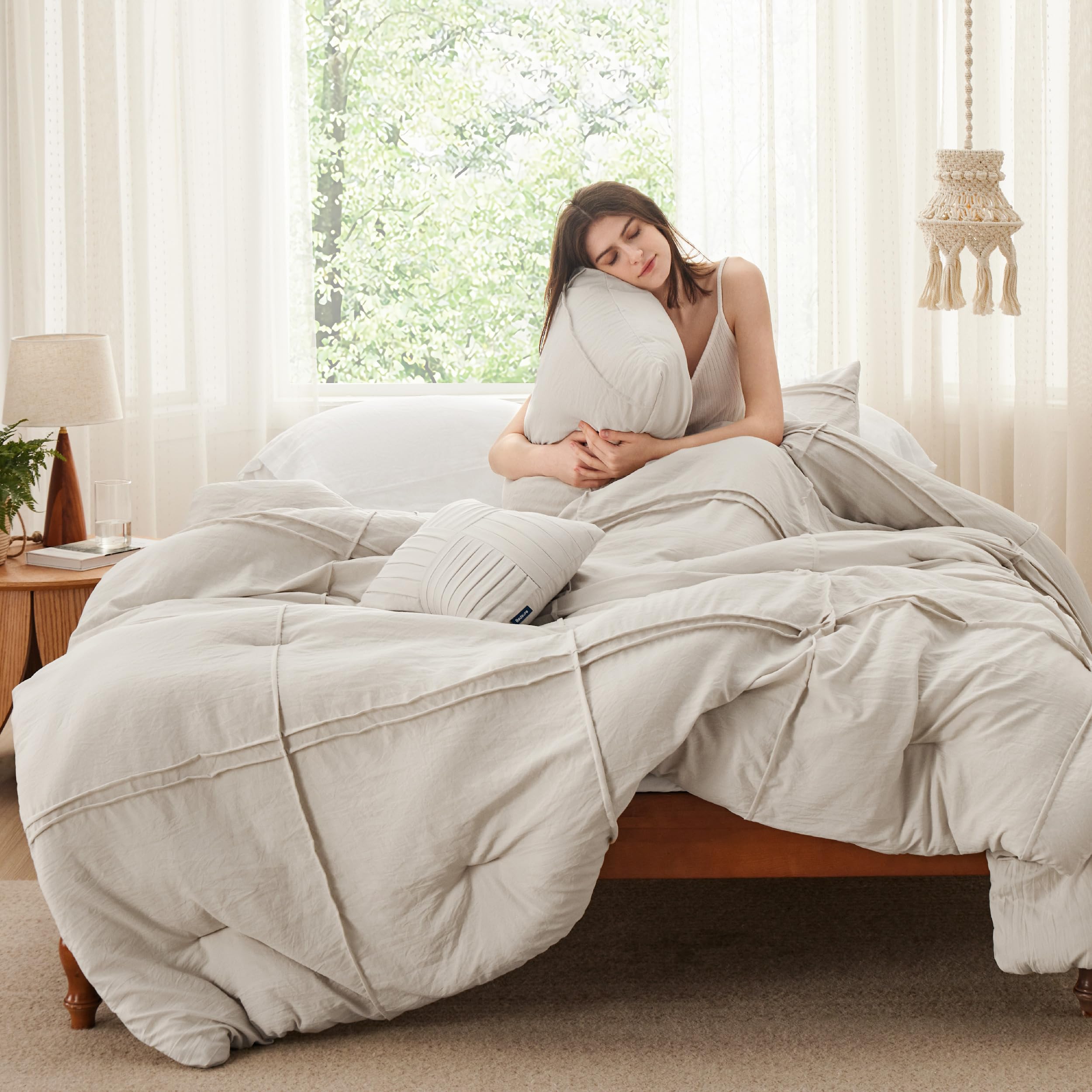 Foto 4 | Juego de Edredón Bedsure King Beige Plisado 4 Piezas - Venta Internacional
