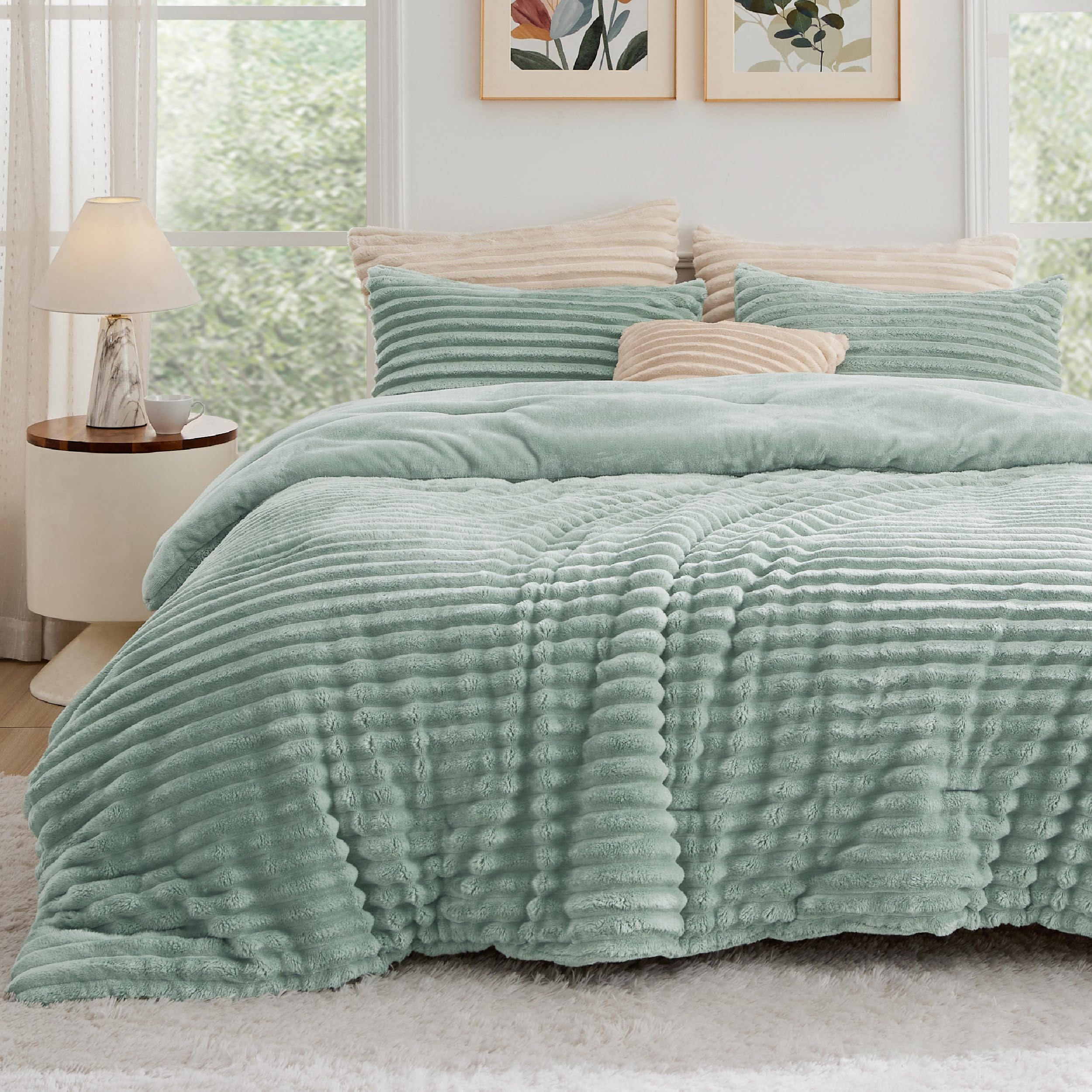 Foto 2 | Juego De Edredón Bedsure Fluffy Queen Con 2 Fundas De Almohada De Color Verde Salvia - Venta Internacional.