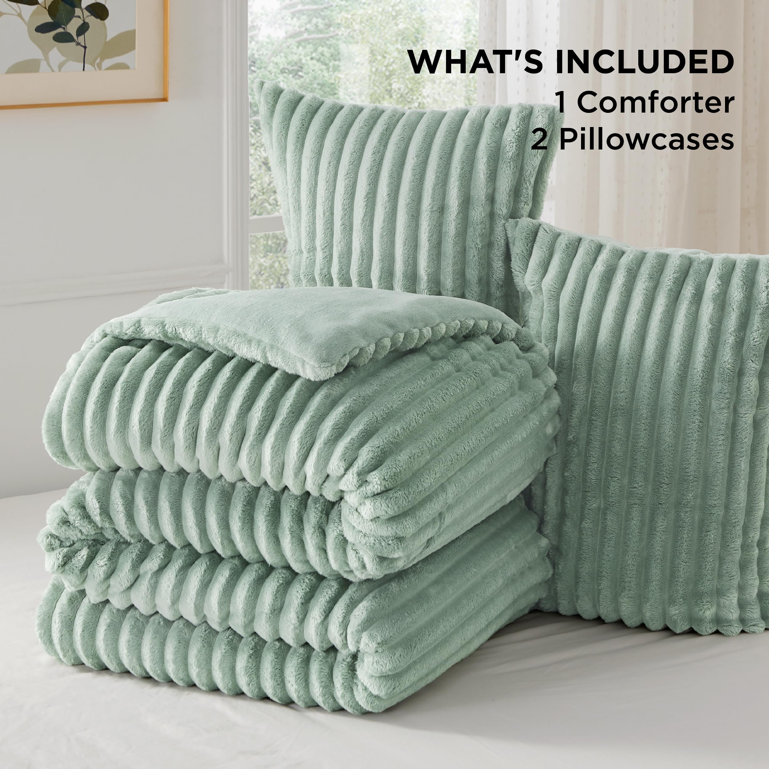 Foto 6 | Juego De Edredón Bedsure Fluffy Queen Con 2 Fundas De Almohada De Color Verde Salvia - Venta Internacional.