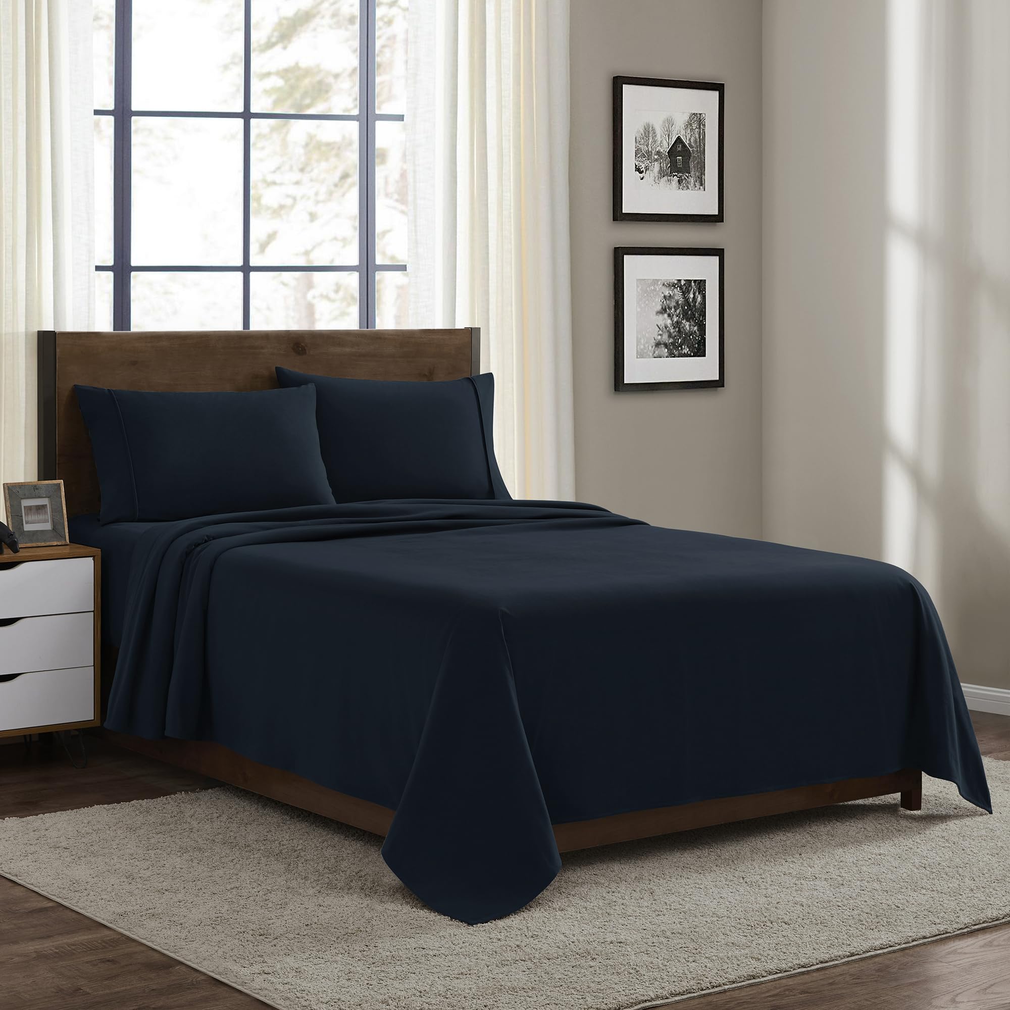 Sábanas De Franela De La Colección Sweet Home, Tamaño Completo, Azul Marino - Venta Internacional.