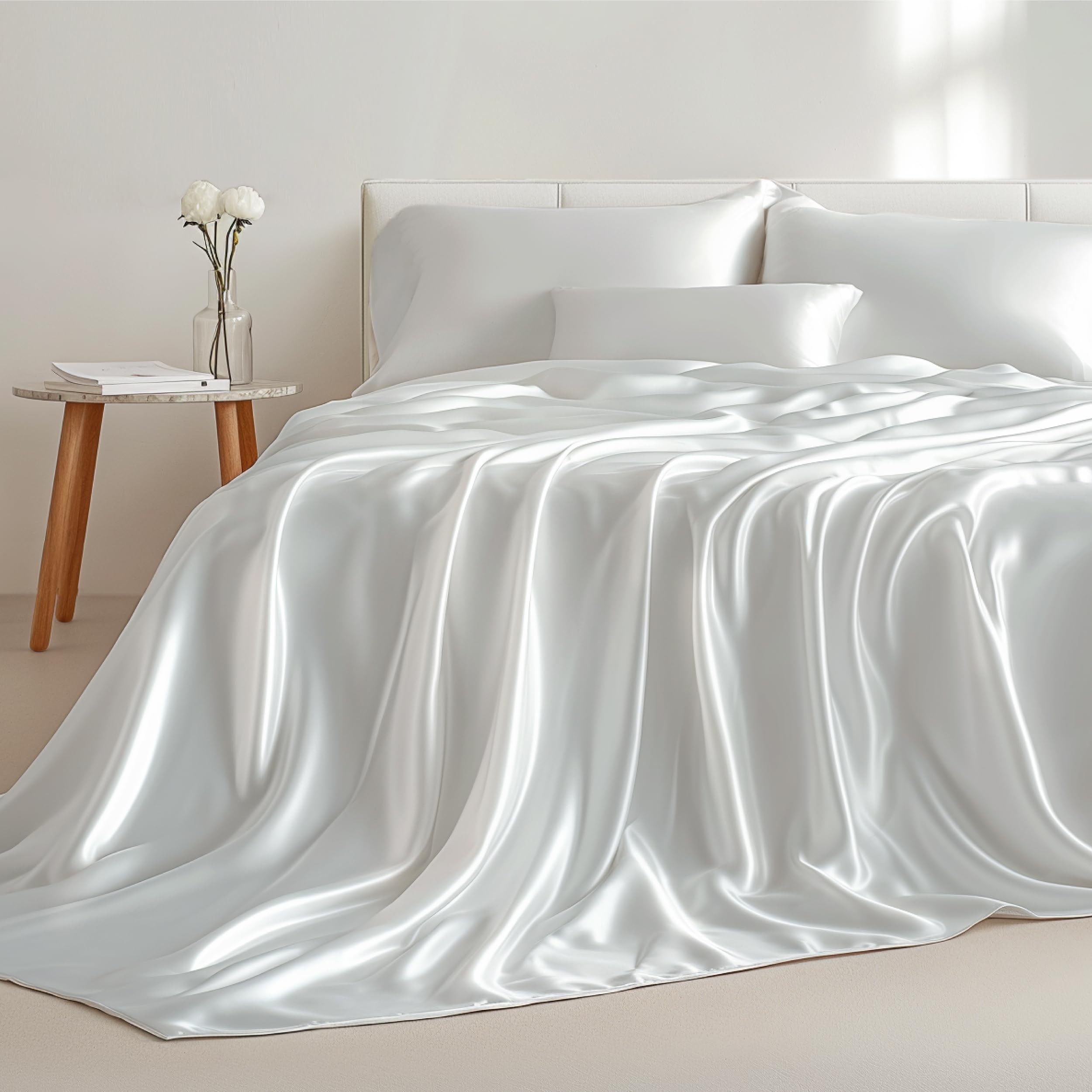 Juego De Sábanas Bedsure Satin California King, Blanco Puro, 4 Piezas - Venta Internacional.