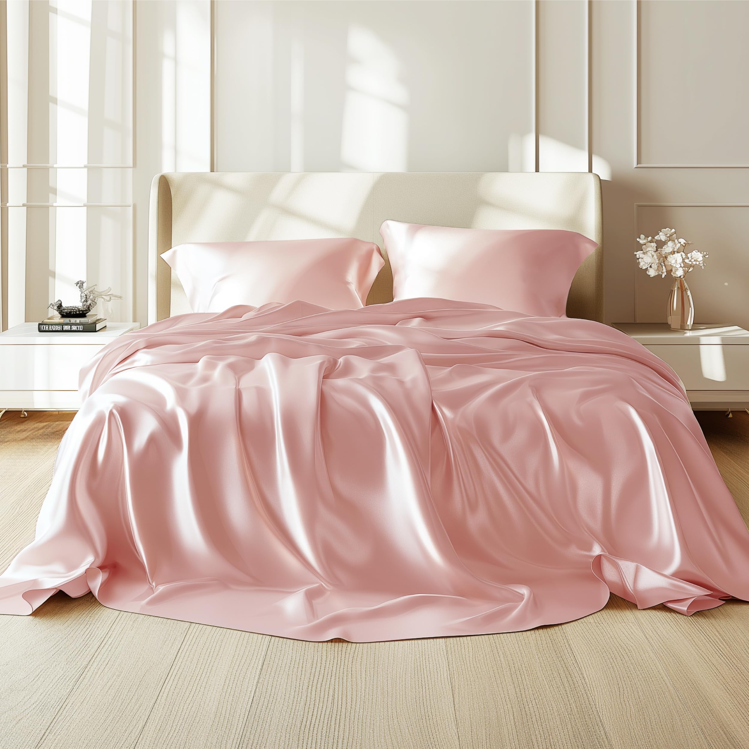 Juego De Sábanas Bedsure Satin California King De 4 Piezas, Color Rosa - Venta Internacional.