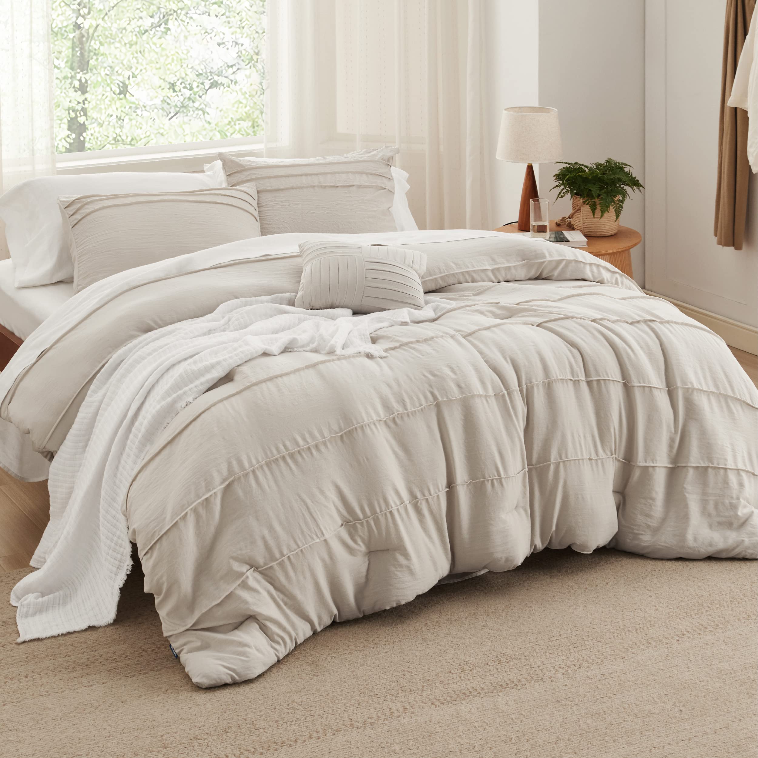 Juego de Edredón Bedsure Queen Pinch Pleat Beige Boho 4 Piezas - Venta Internacional