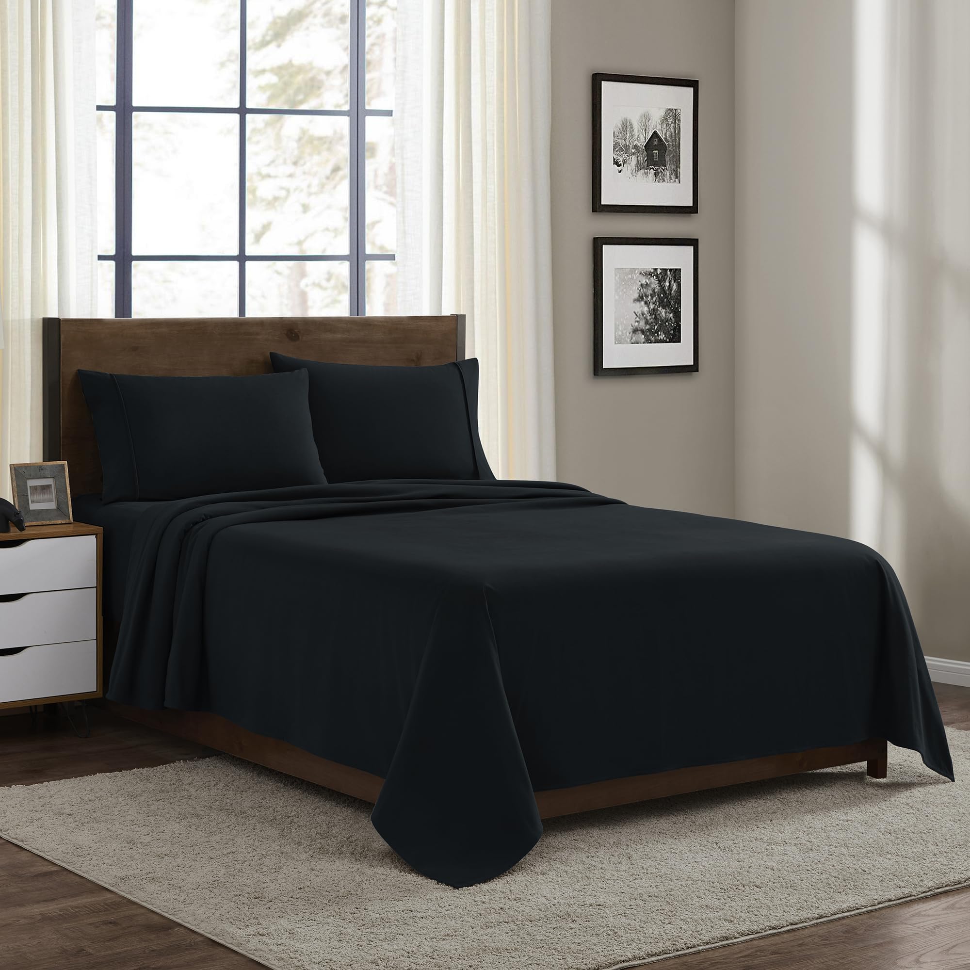 Sábanas De Franela Sweet Home Collection Queen, 100% Algodón, Color Negro - Venta Internacional.