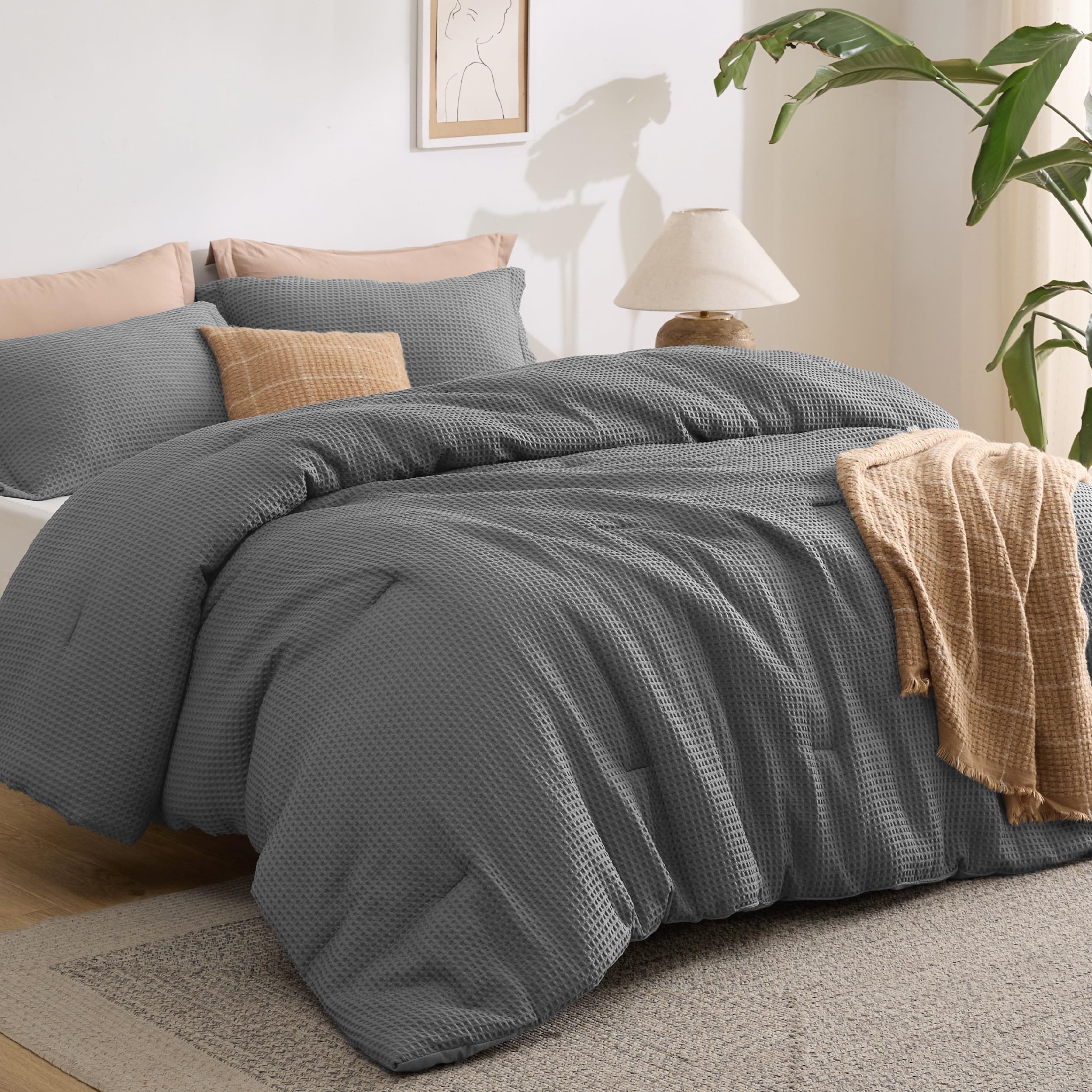Juego de Edredón Bedsure Waffle Weave King Gris Oscuro 3 Piezas - Venta Internacional