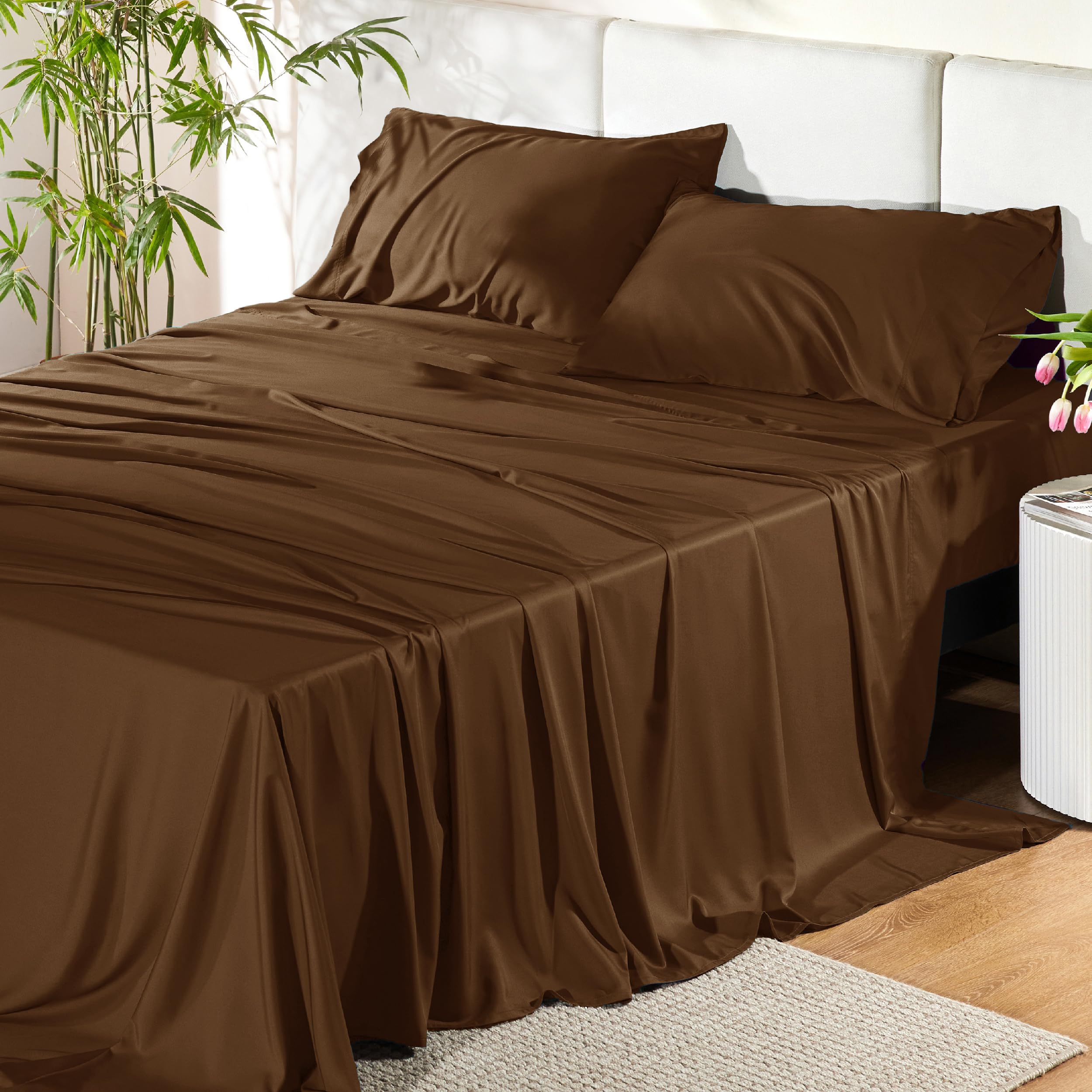 Juego De Sábanas Bedsure, Tamaño Queen, Rayón, Bambú, Color Marrón - Venta Internacional.