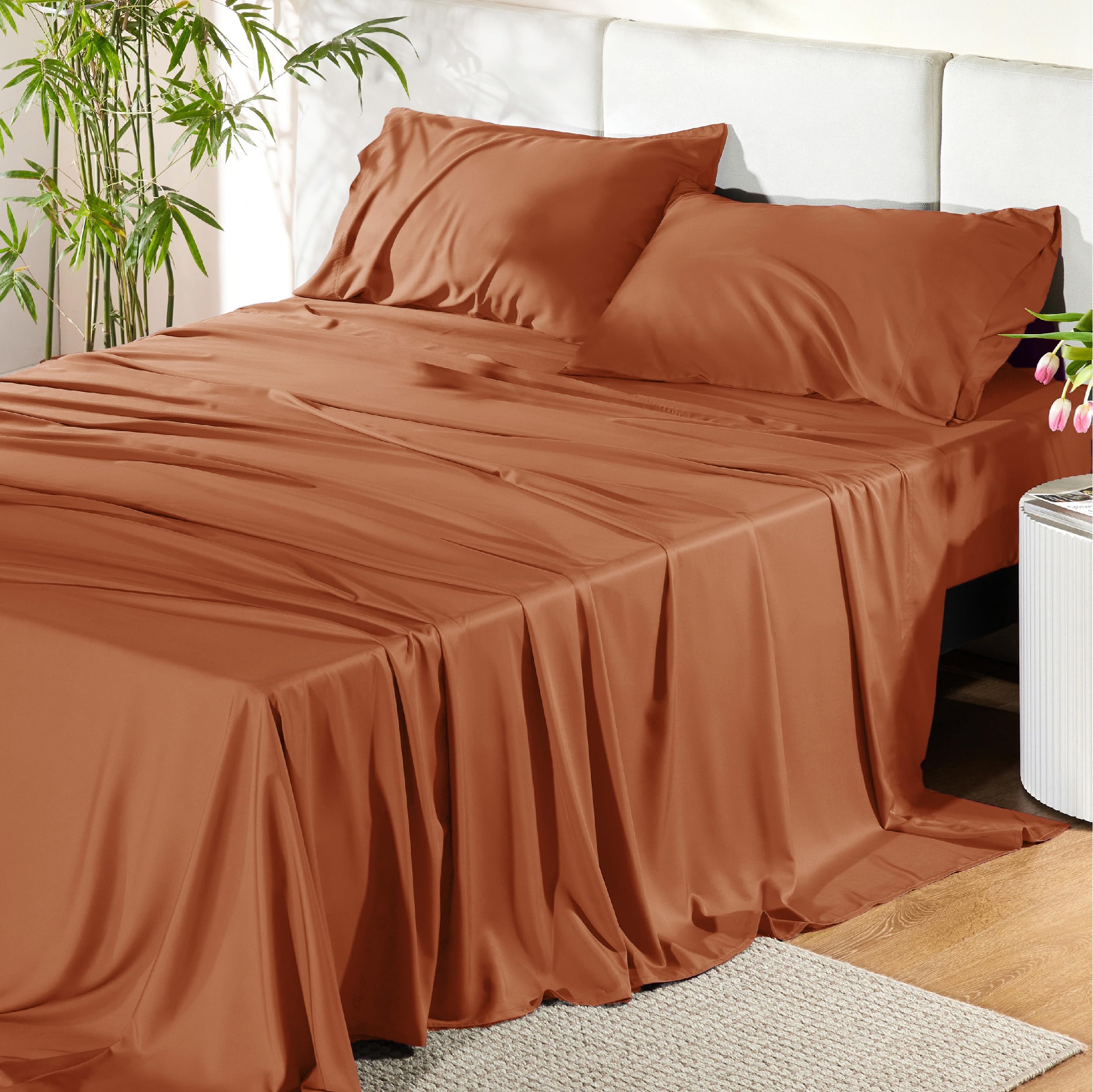 Juego De Sábanas Bedsure, Tamaño Queen, Rayón, Bambú, Color Naranja - Venta Internacional.