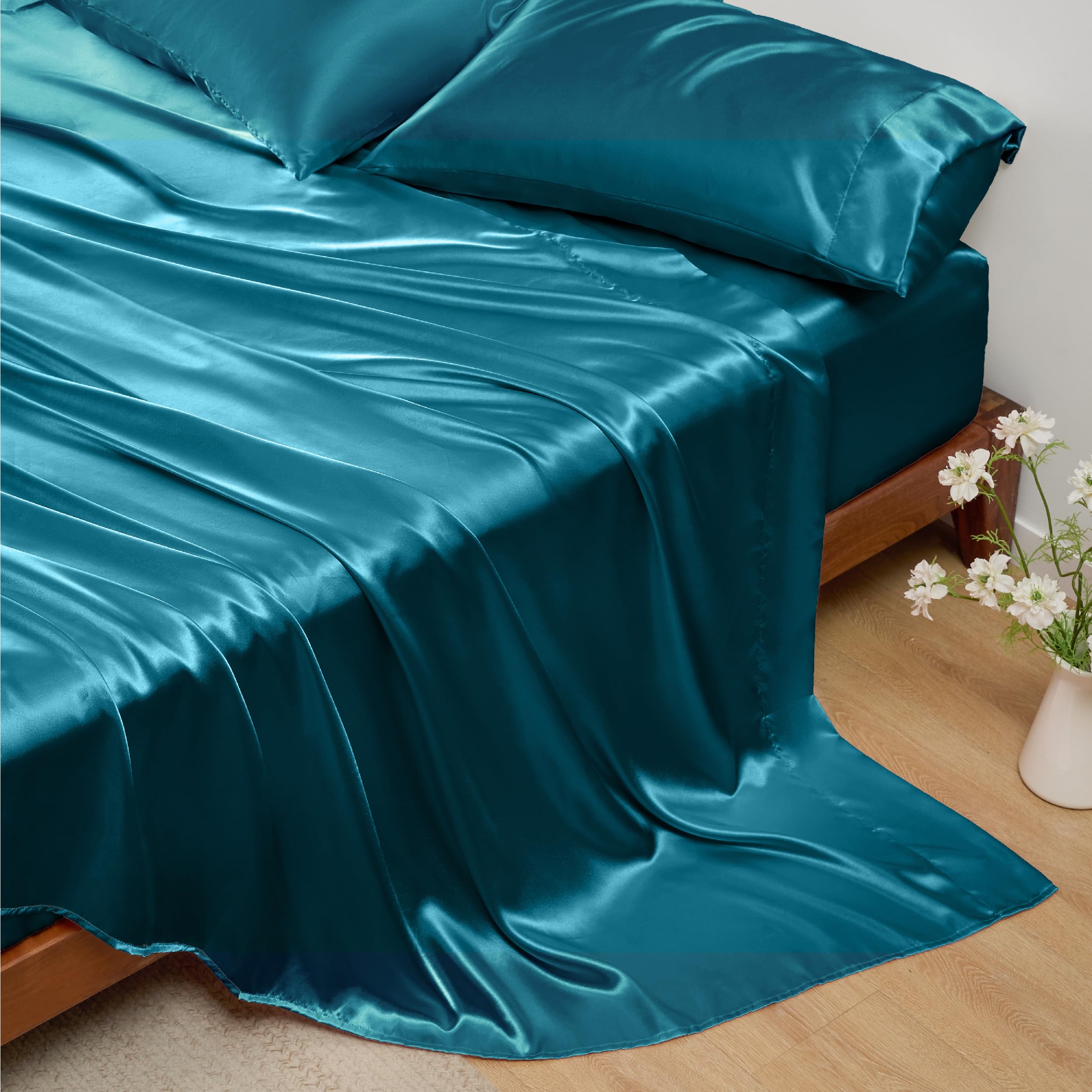 Foto 7 | Juego De Sábanas De Satén, Tamaño Queen, Color Verde Azulado, 4 Piezas - Venta Internacional.