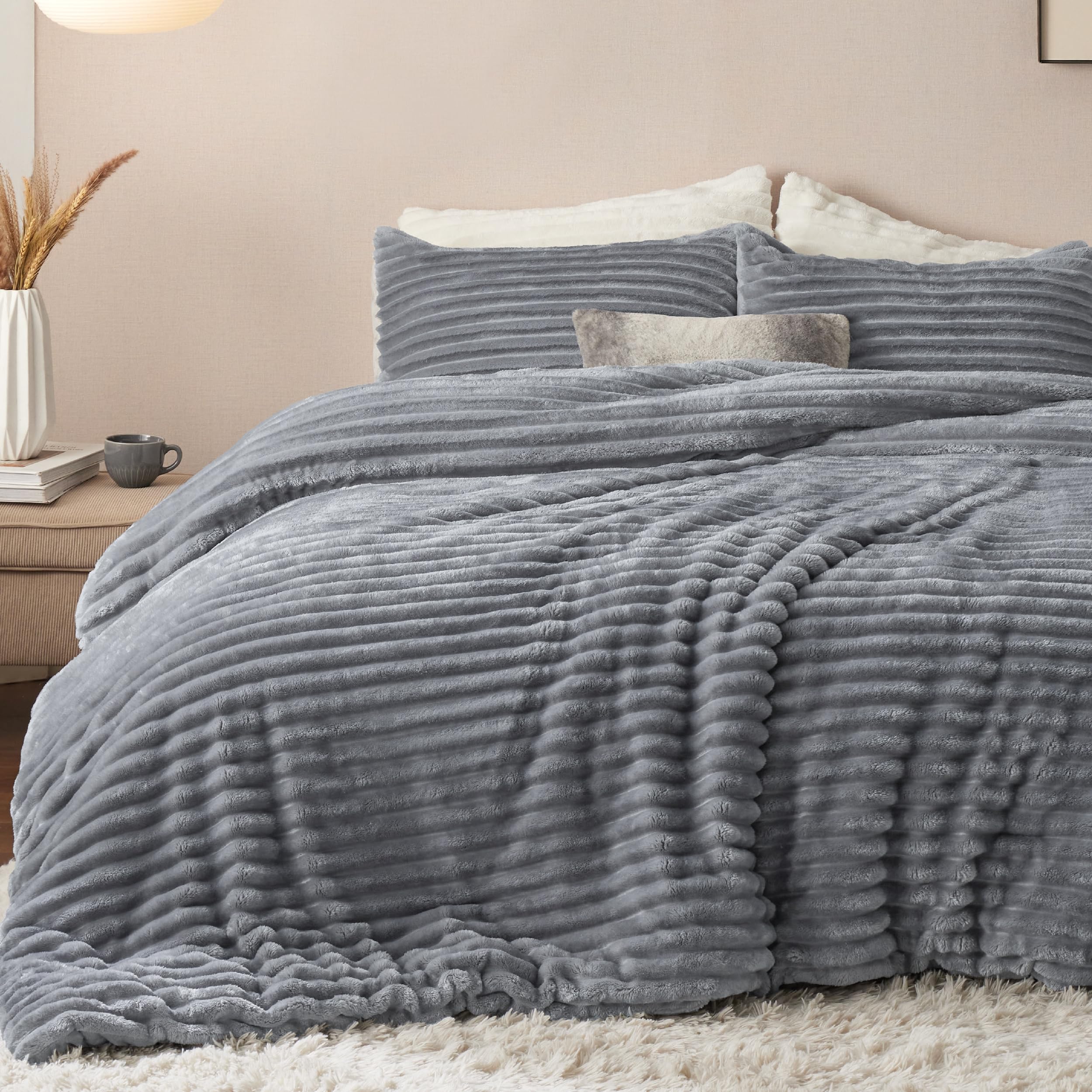 Juego De Edredón Bedsure Fluffy King Size, Piel Sintética Gris, 3 Piezas - Venta Internacional.
