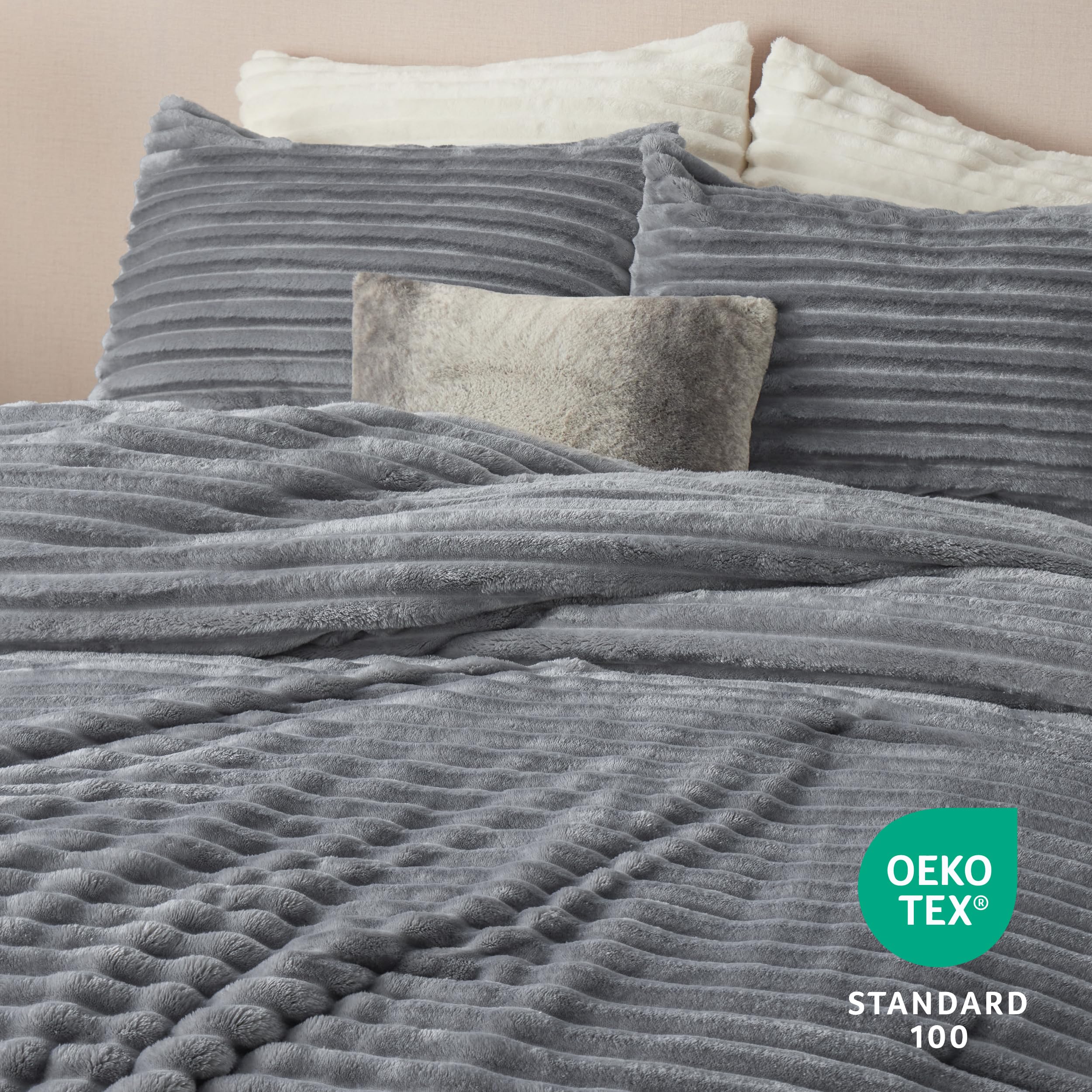 Foto 5 | Juego De Edredón Bedsure Fluffy King Size, Piel Sintética Gris, 3 Piezas - Venta Internacional.