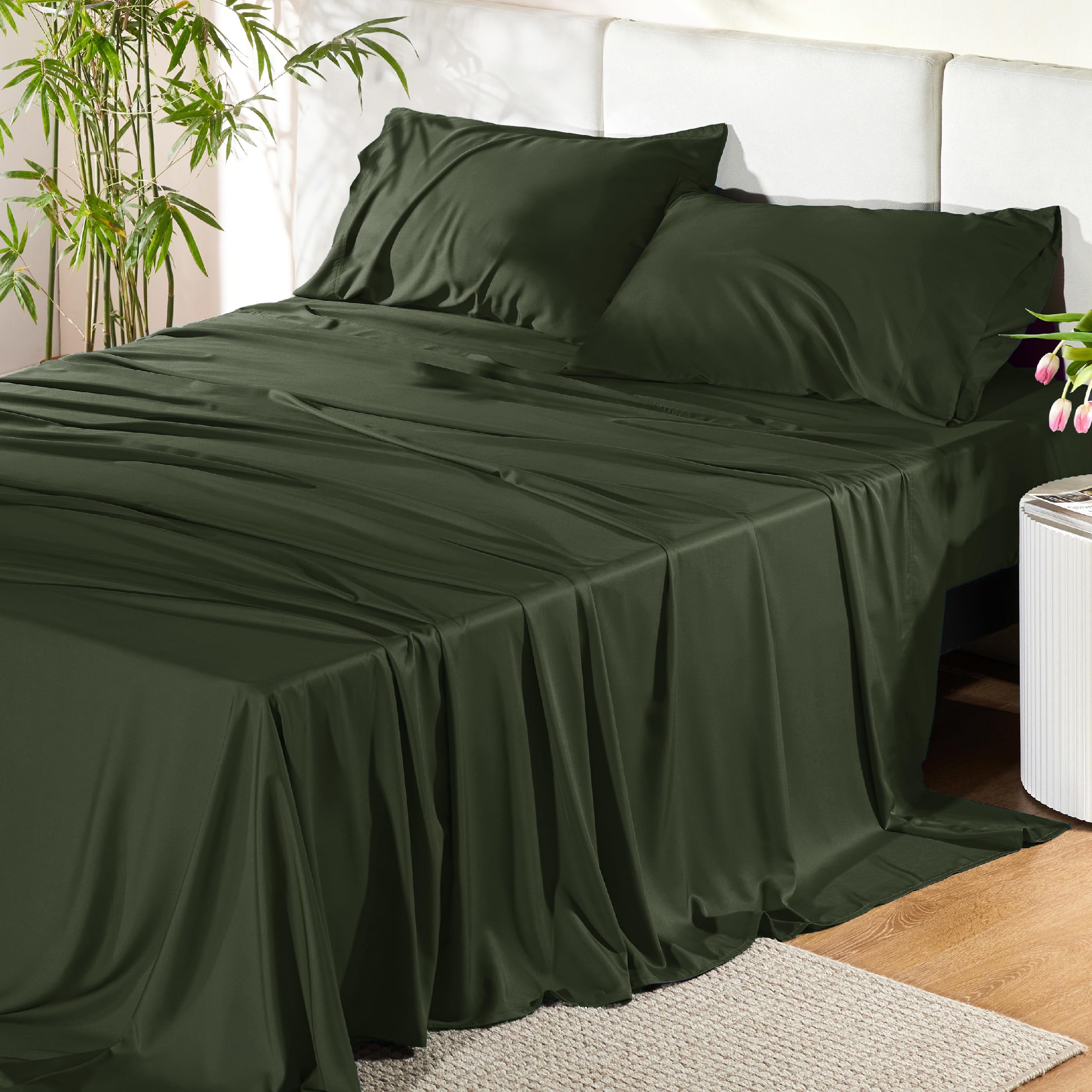 Juego De Sábanas Bedsure Tamaño Queen, Bambú Derivado Del Rayón, Verde Oliva - Venta Internacional.