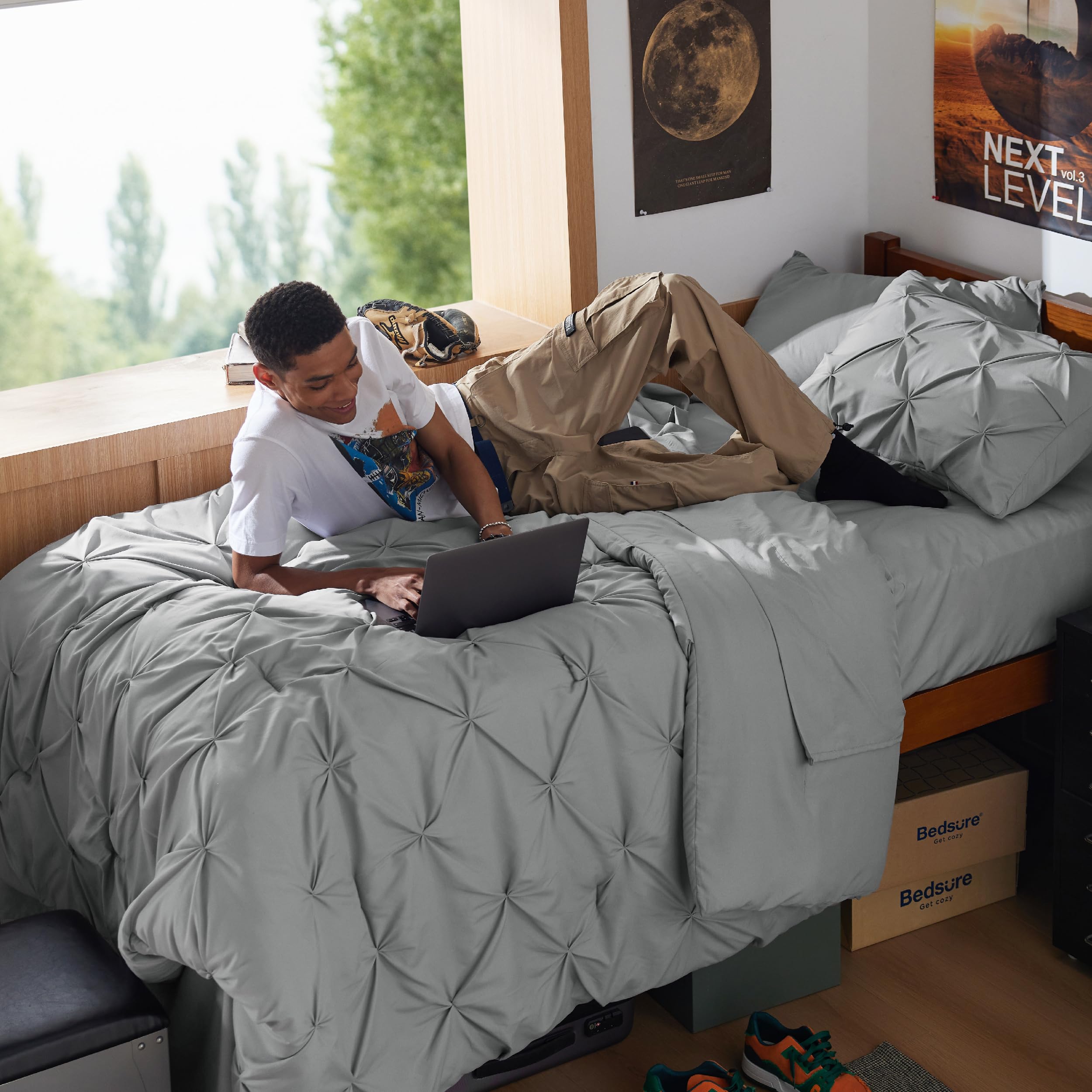 Foto 2 | Juego De Edredón Bedsure Twin Xl Gentlesoft™ Pinch Pleat Grey - Venta Internacional.